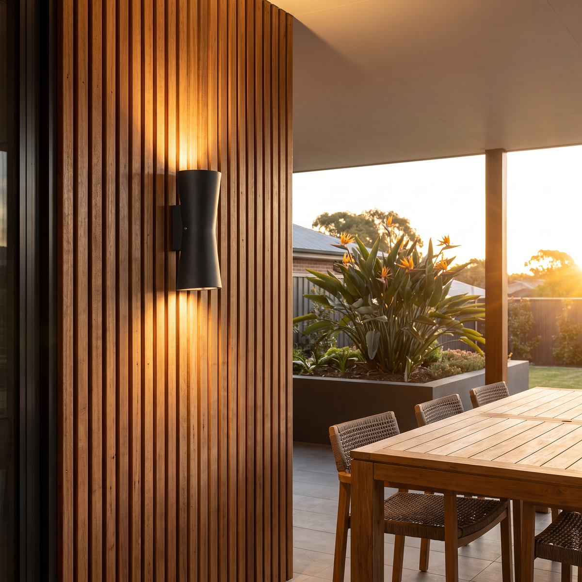 Dewy torch-style outdoor wall light in black on a spotted gum alfresco wall at golden hour
