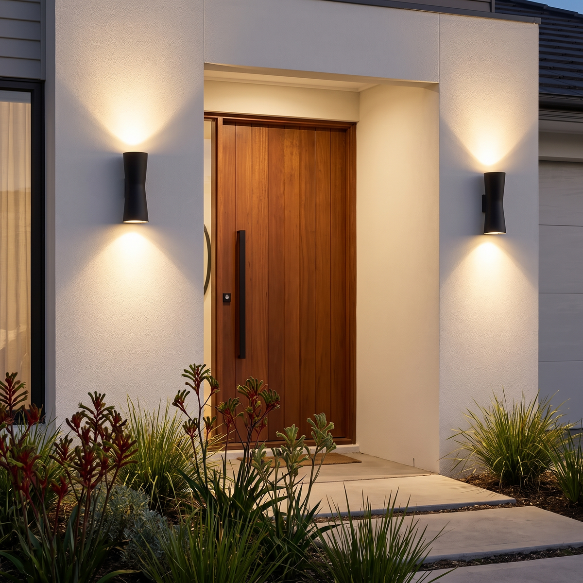 Two Dewy torch-style outdoor wall lights in black washing light up and down beside a pivot door