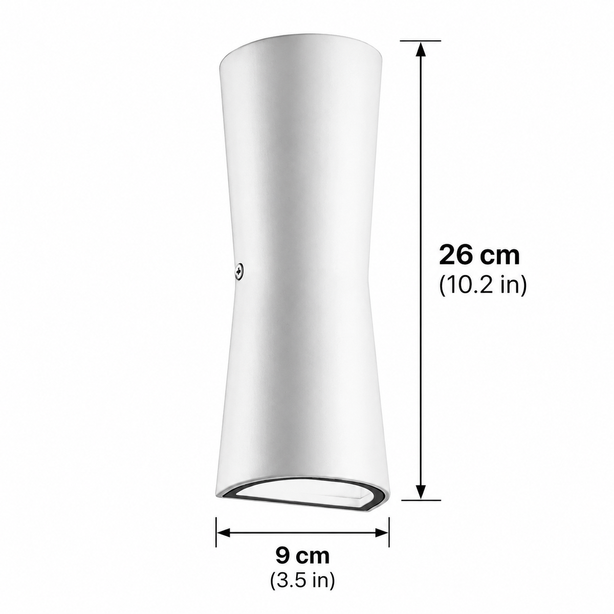 Dewy torch-style outdoor wall light dimensions, 26cm (10.2in) high and 9cm (3.5in) wide