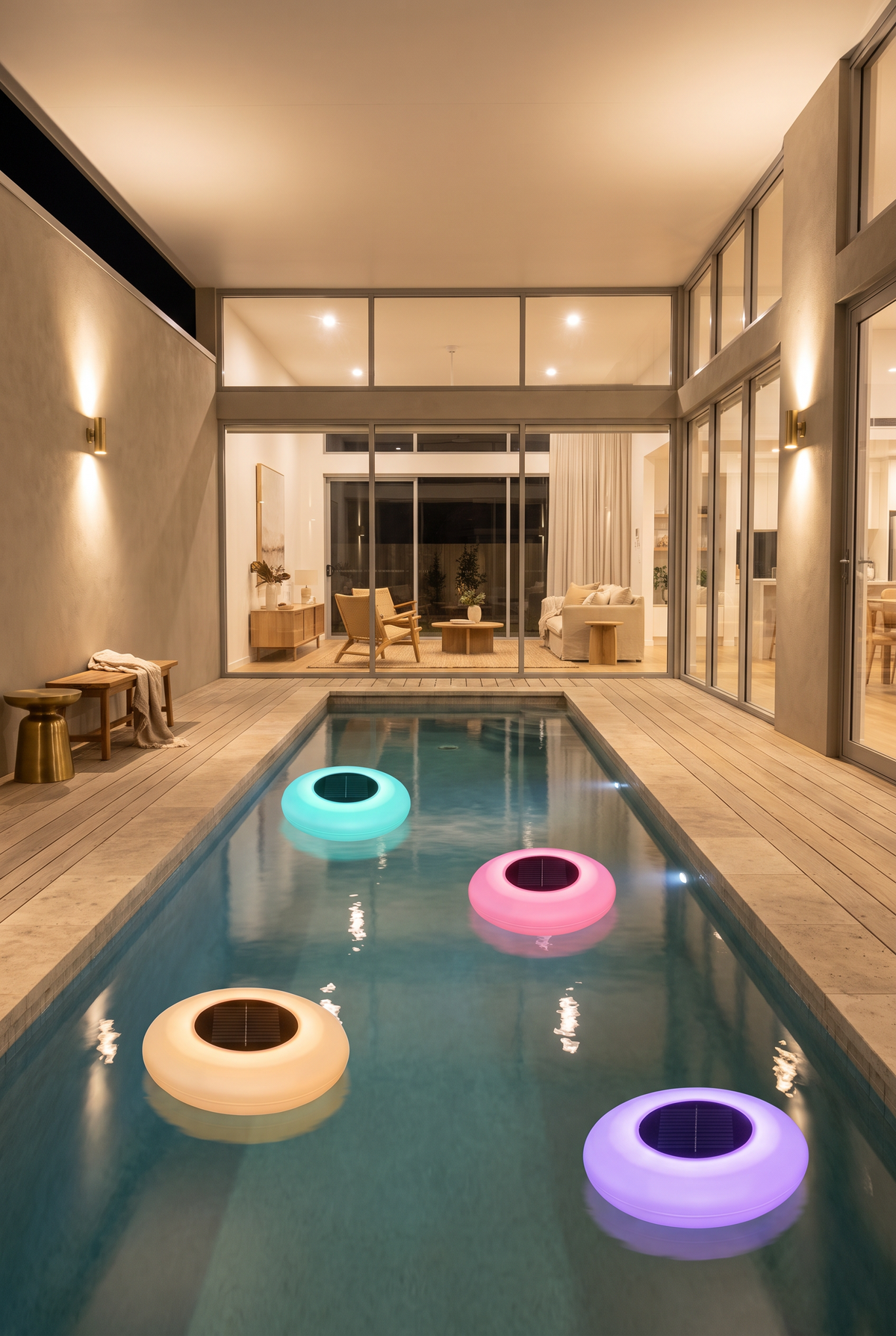 Agua floating solar pool lights glowing on a travertine lap pool at night