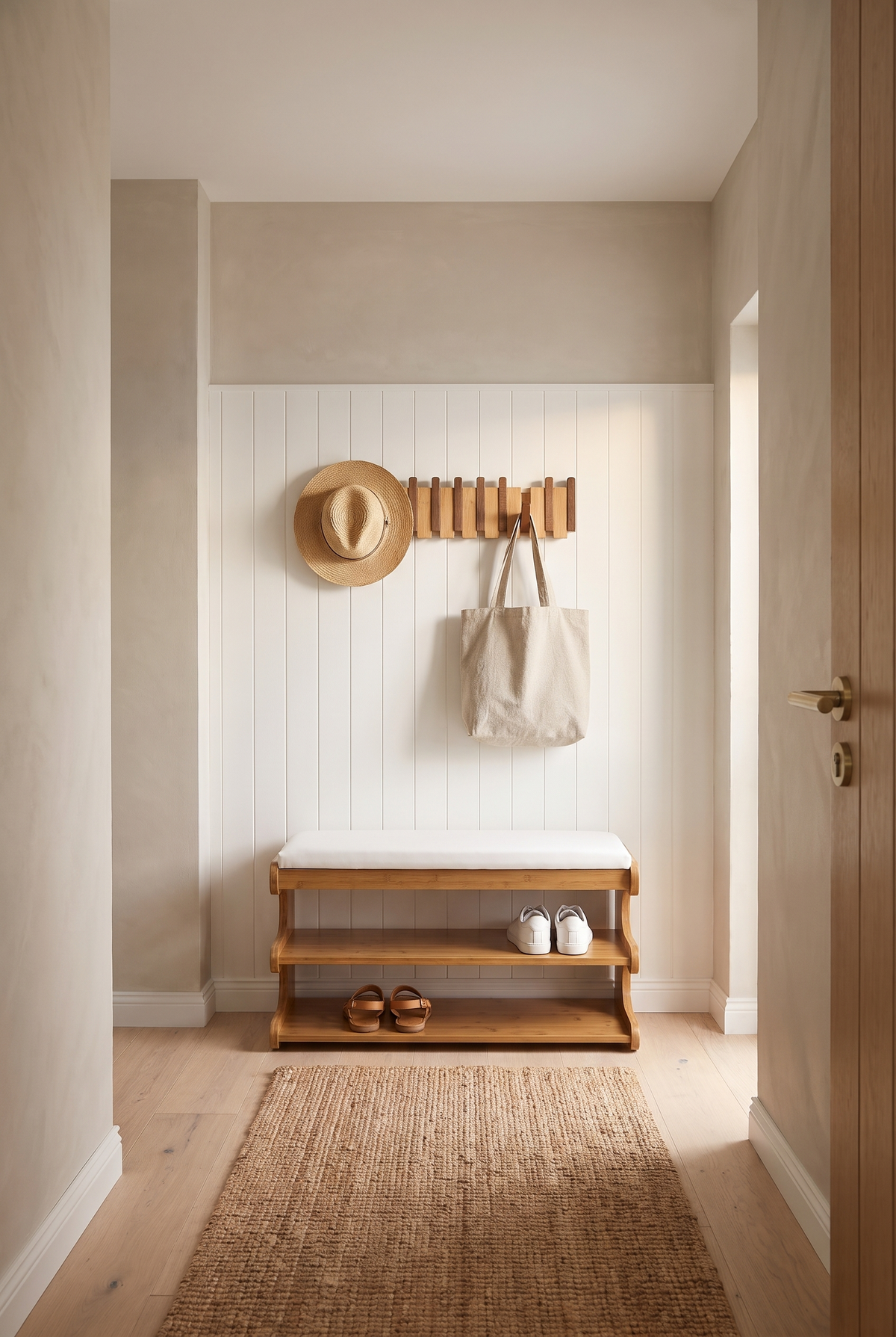 Lina bamboo shoe bench in a coastal entry hall