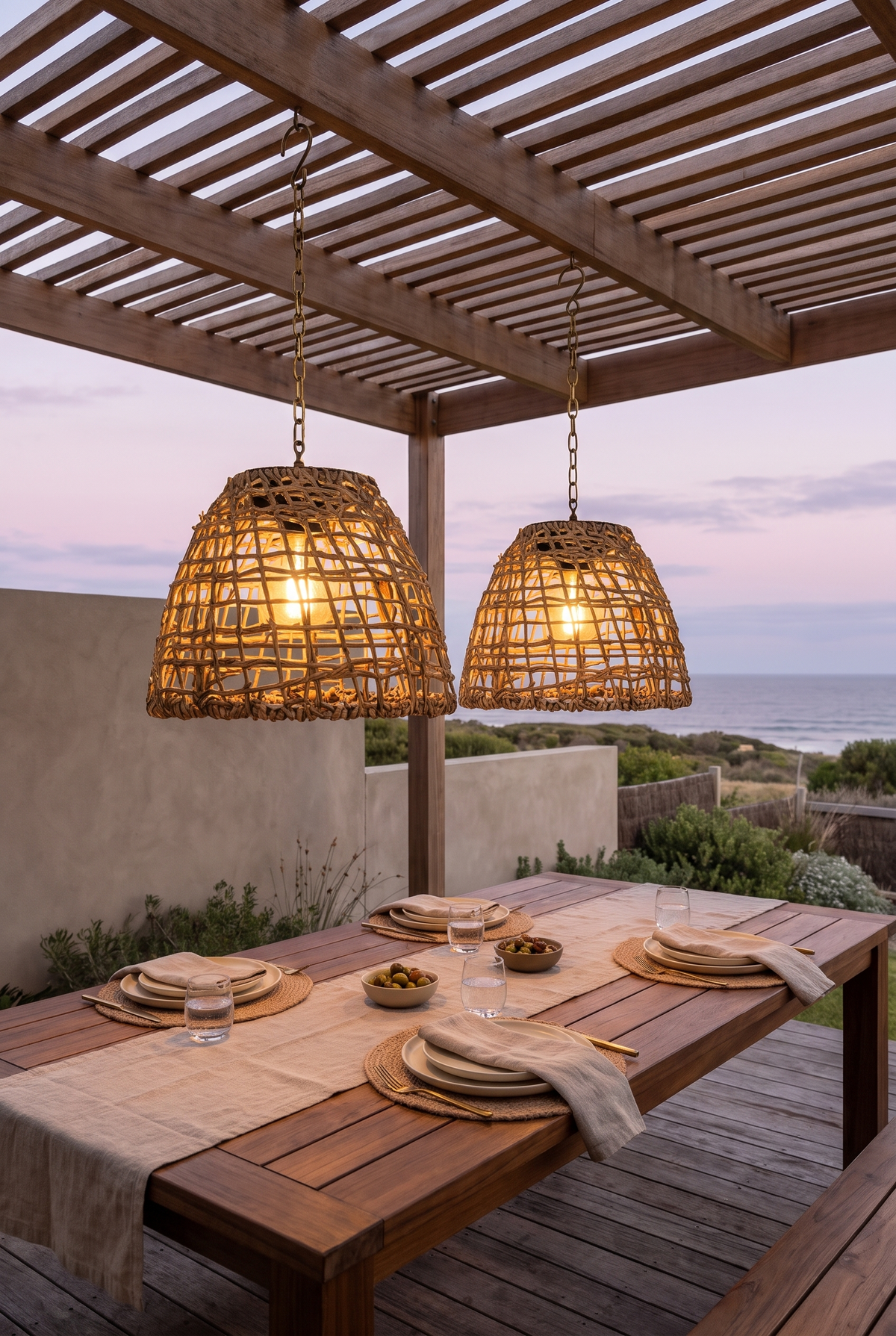Riley rattan solar lanterns glowing under a coastal deck pergola at dusk