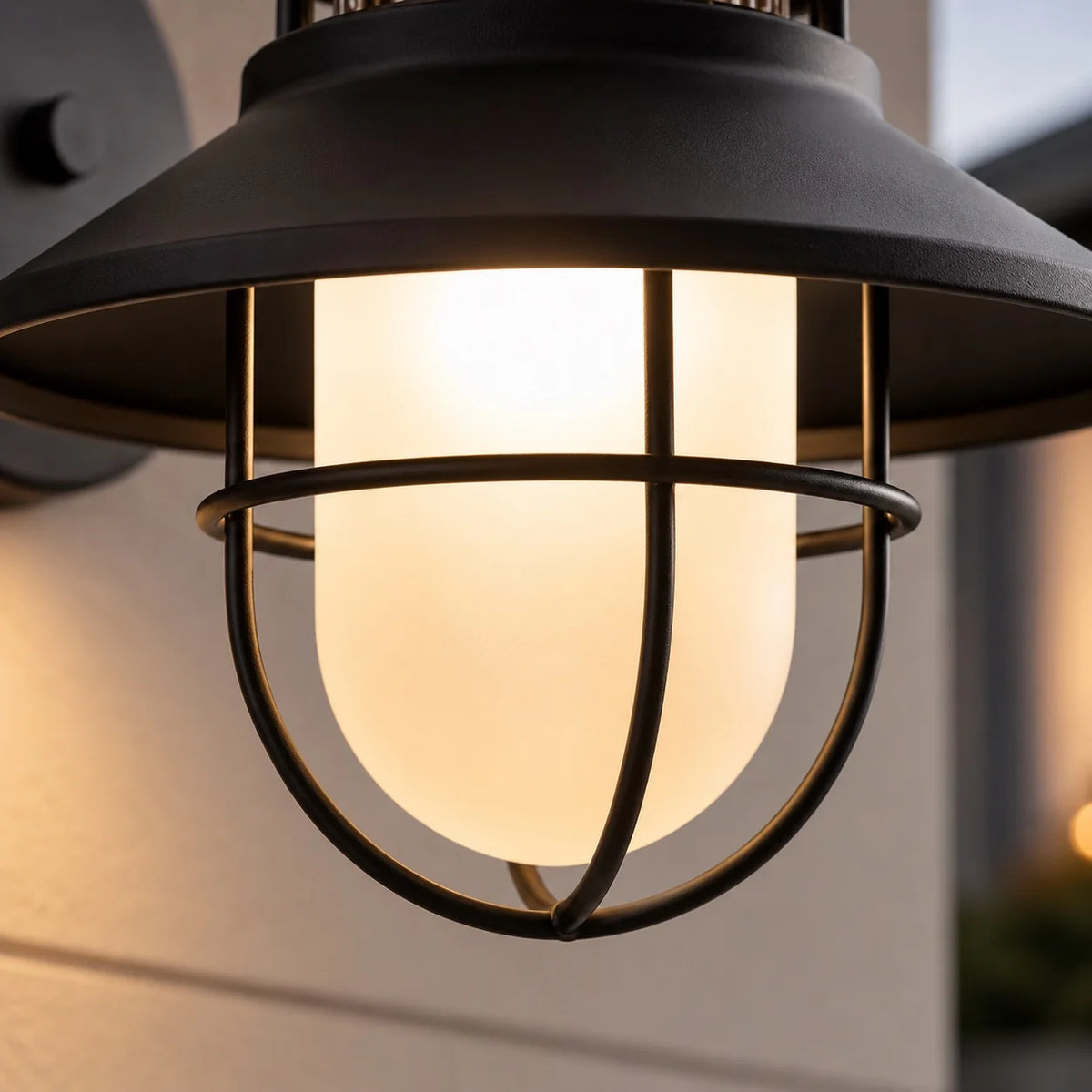 Docking vintage outdoor wall light close up of the frosted glass globe inside its black wire cage