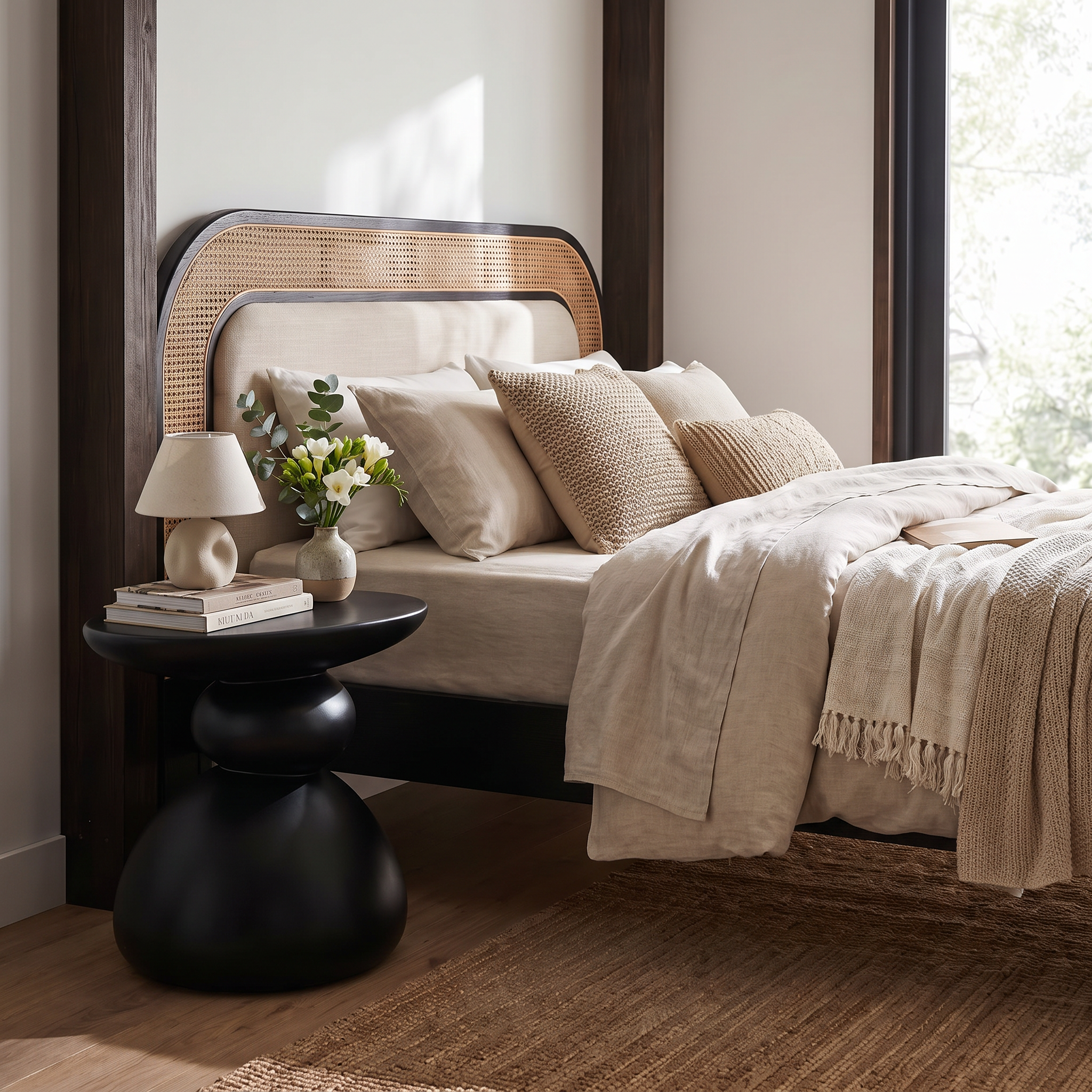 Donny black side table styled beside a bed in a coastal Scandinavian bedroom