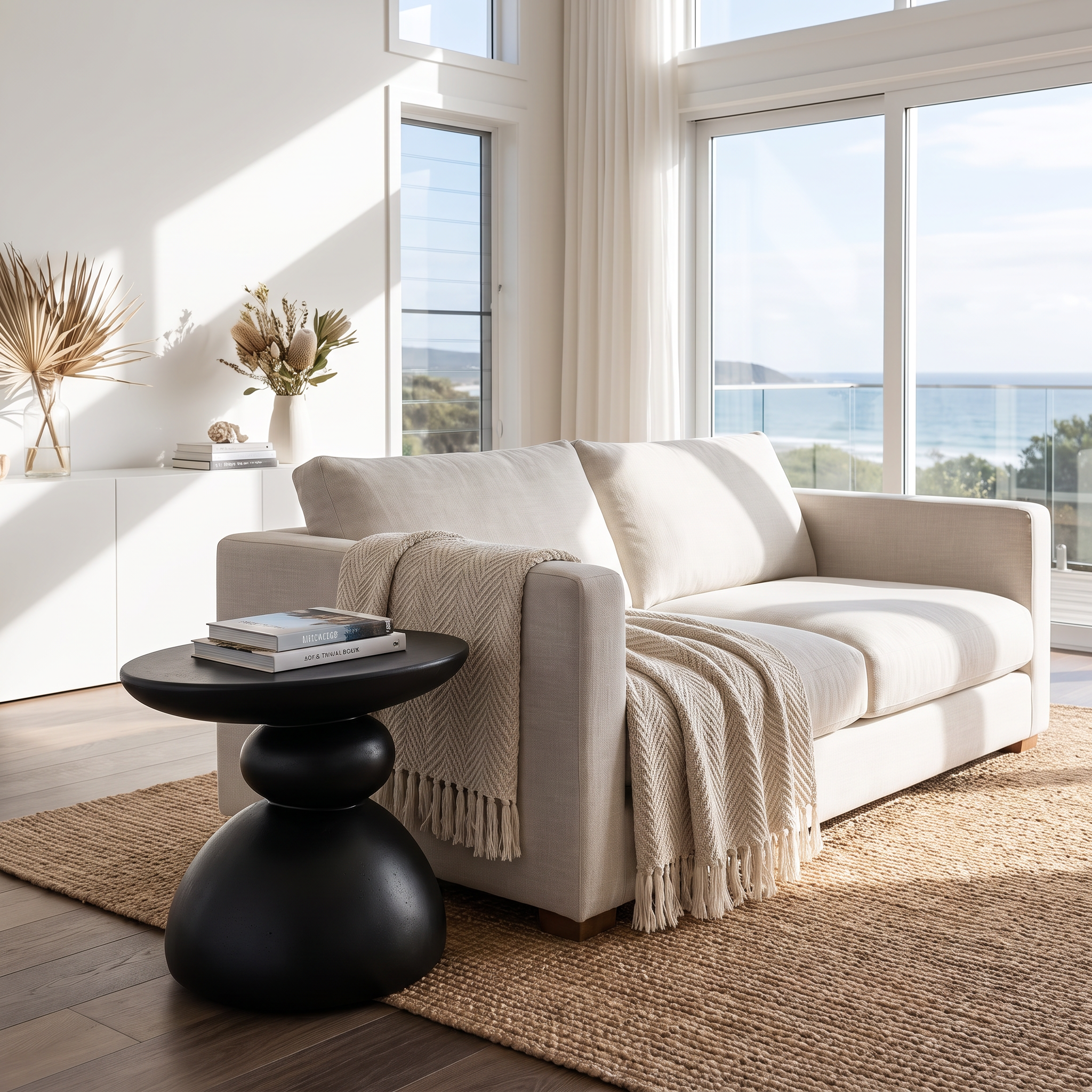 Donny black side table in a coastal Scandinavian living room beside a linen sofa