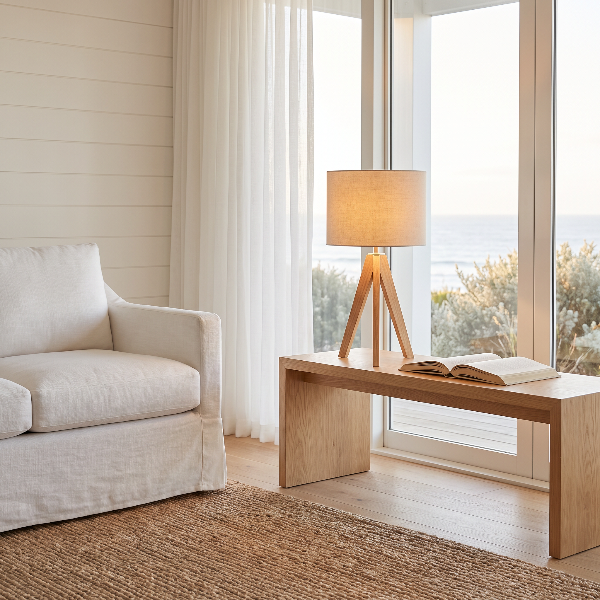 Drift Timber Desk Lamp on an oak console beside a linen sofa in a coastal beach-house living room with an ocean view