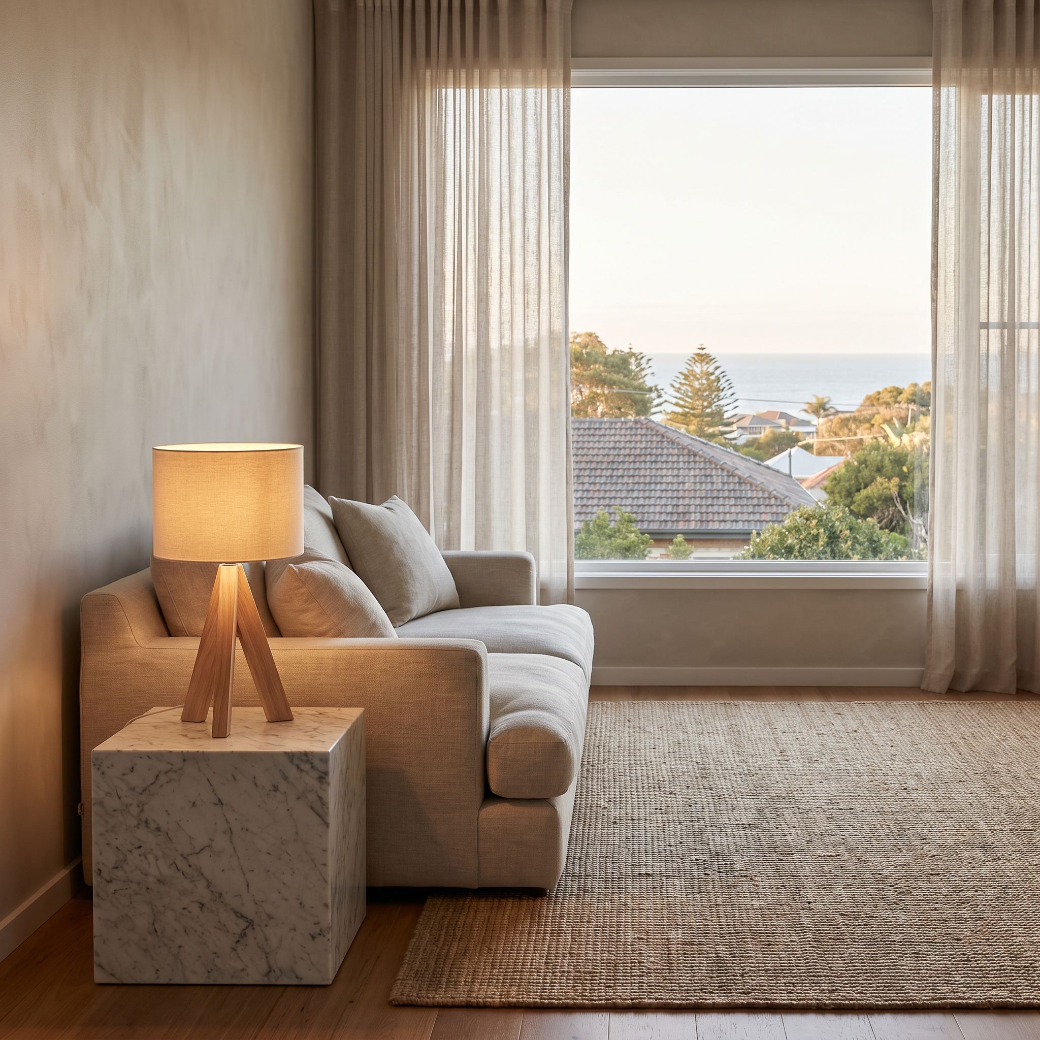Drift Timber Desk Lamp on a marble side table in a warm coastal Scandinavian living room with a distant hillside ocean view