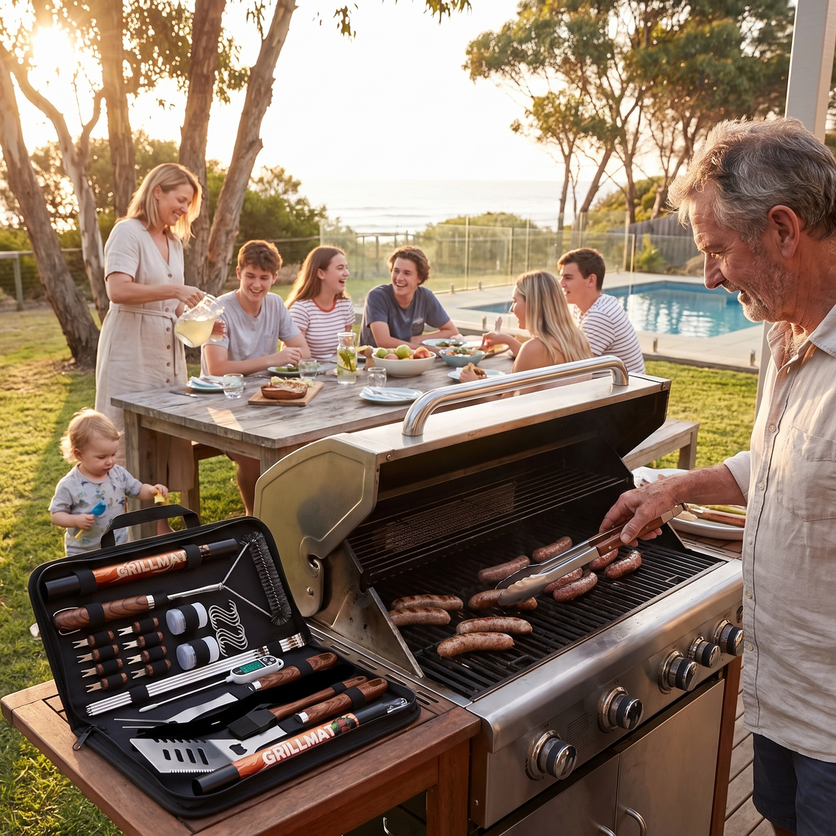Australian family BBQ with grandad using the Dundee BBQ accessories set tongs