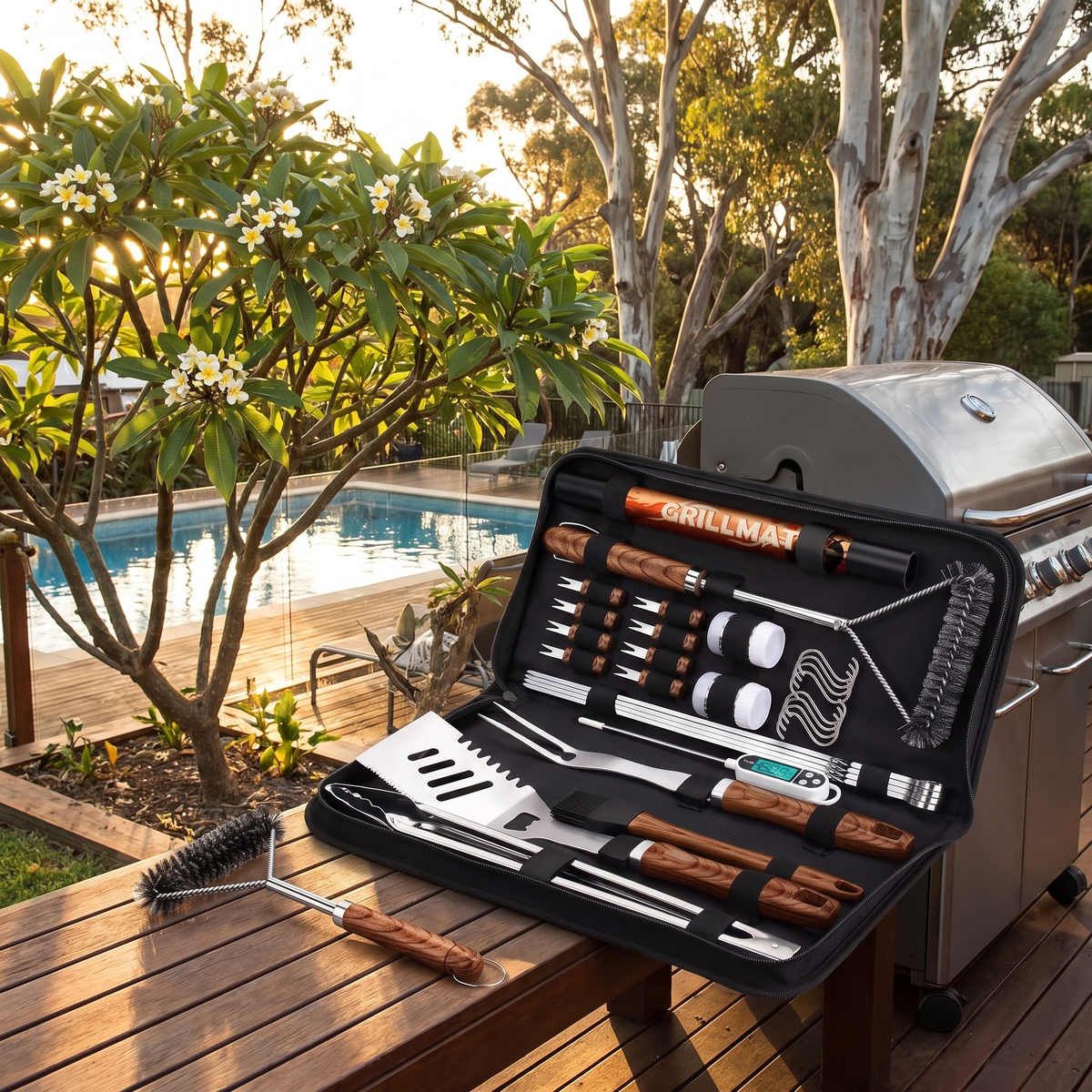 Dundee BBQ accessories set open case on a timber bench beside a gas BBQ by the pool at sunset