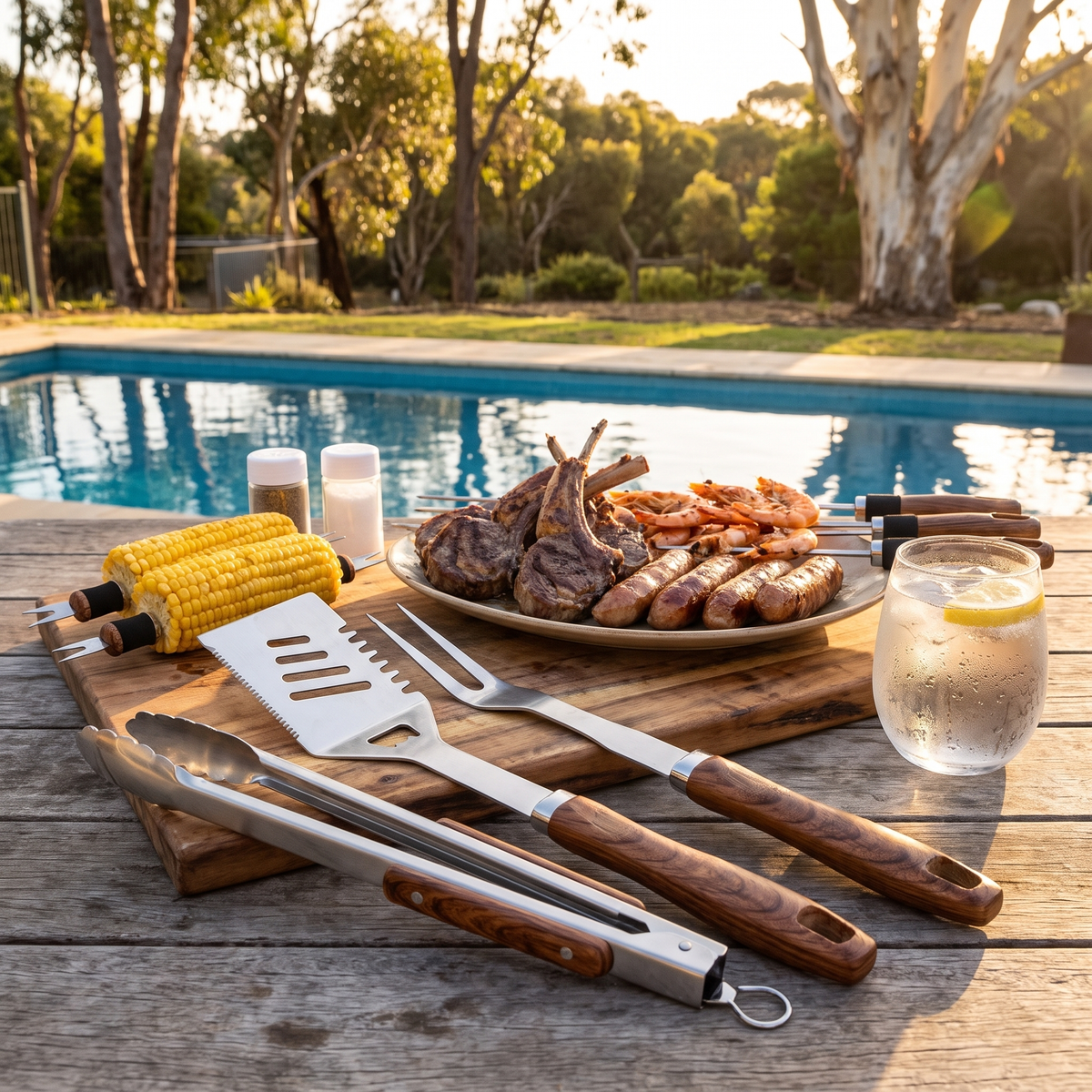 Dundee BBQ accessories set spatula, fork and tongs beside a BBQ platter by the pool