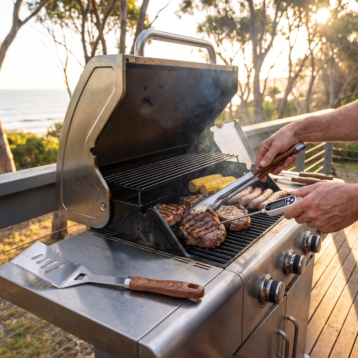 Dundee BBQ accessories set tongs and meat thermometer used on steaks on a gas BBQ