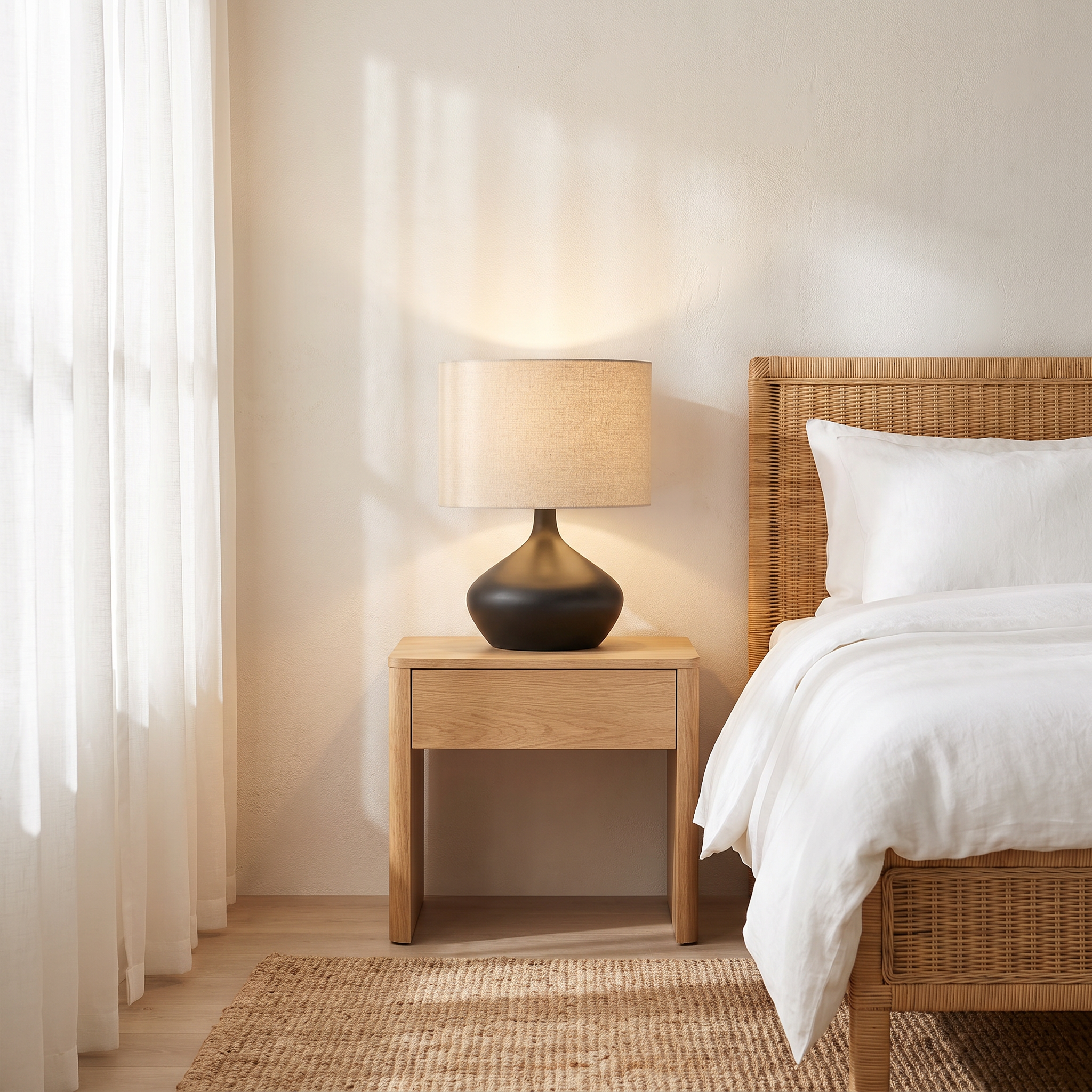 Dune ceramic table lamp on a light oak bedside table in a coastal Scandinavian bedroom