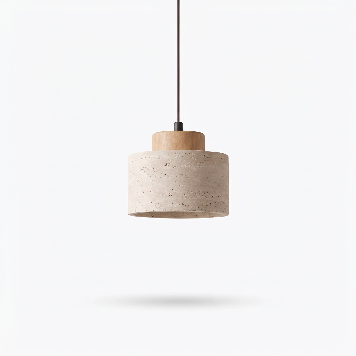 Dural short natural travertine pendant light with oak cap on a white background