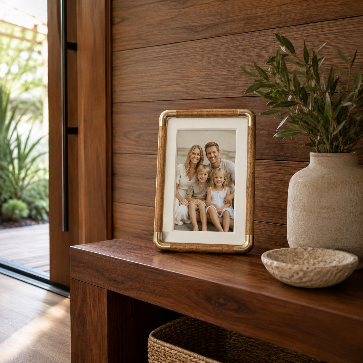 Eden Solid Wood Photo Frame displayed on a shelf in Teak finish