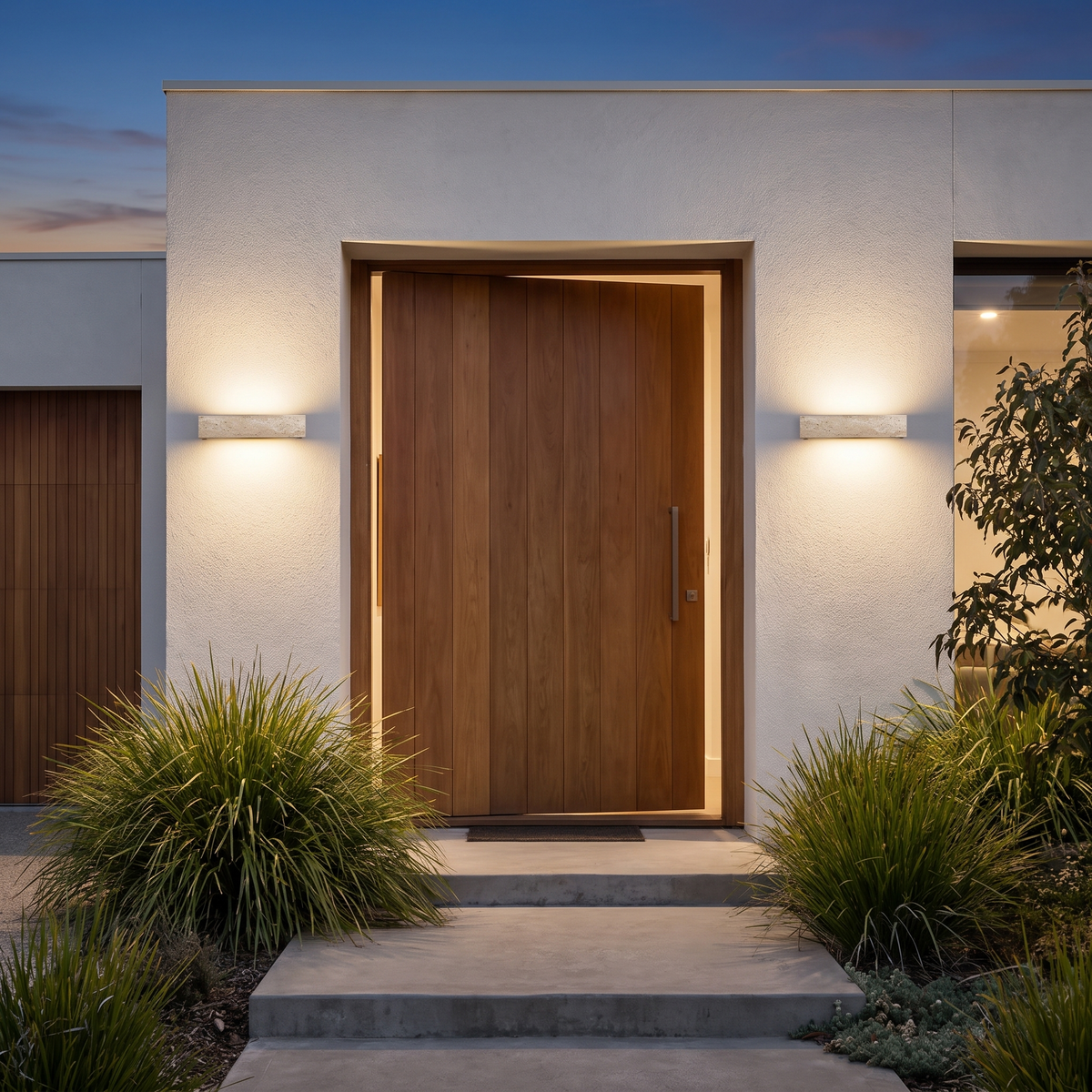 Pair of small Elin travertine outdoor wall sconces either side of a timber front door