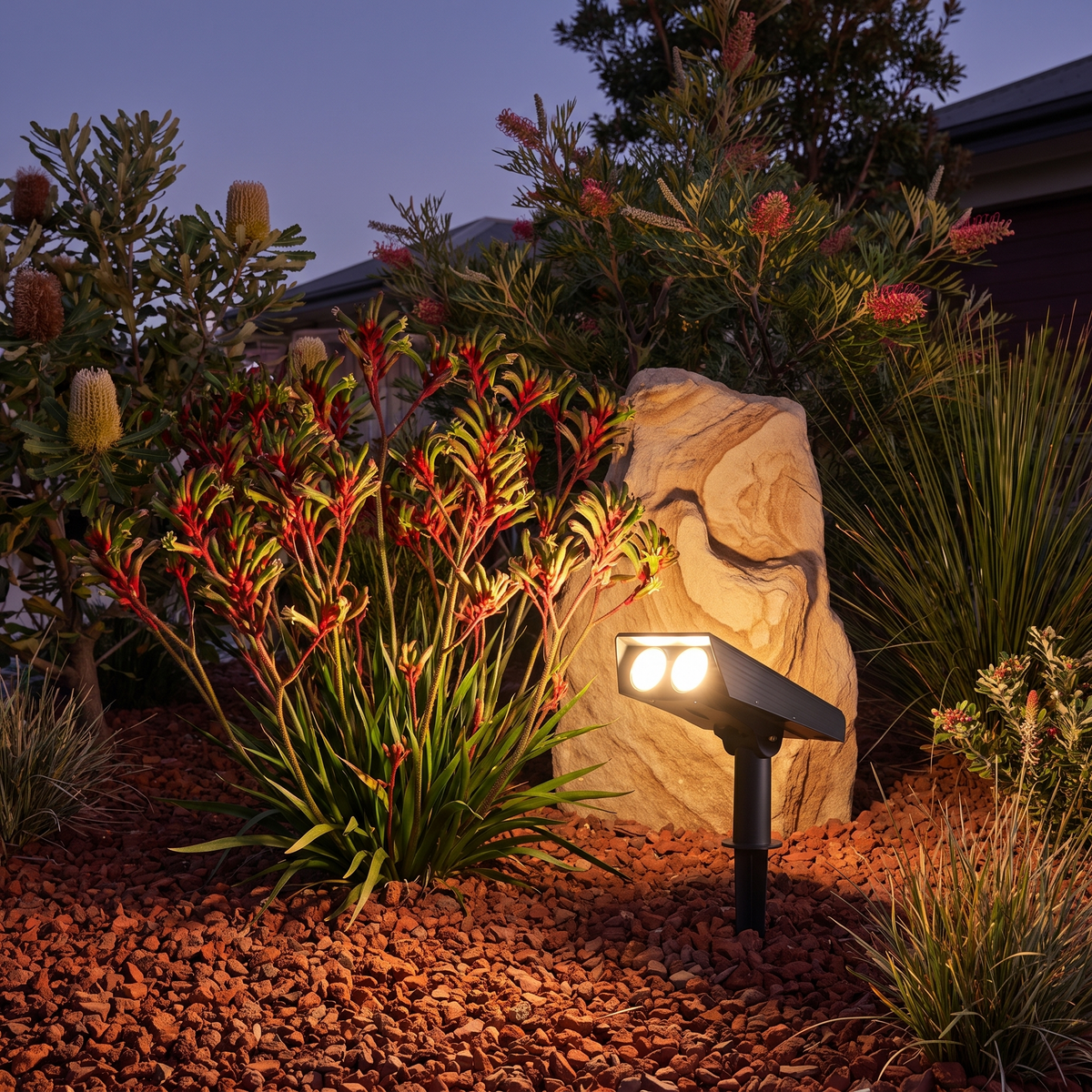 Elio warm white solar spotlight highlighting kangaroo paw in a native garden