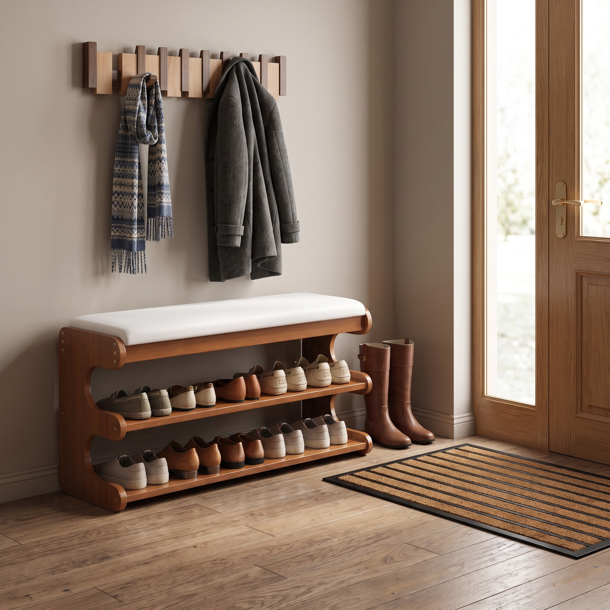 Lina bamboo shoe bench under a Kinjar coat rack with a Zara striped doormat in a winter entryway