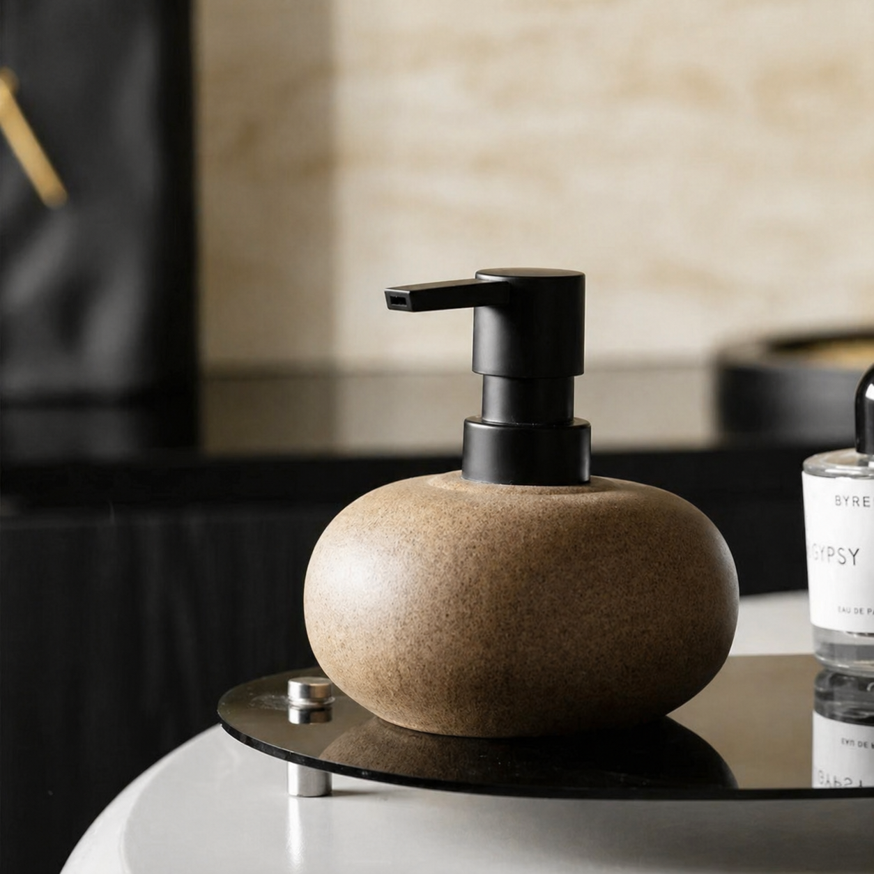 Eron Ceramic Soap Dispenser Bottle with a rustic Wabi-Sabi finish