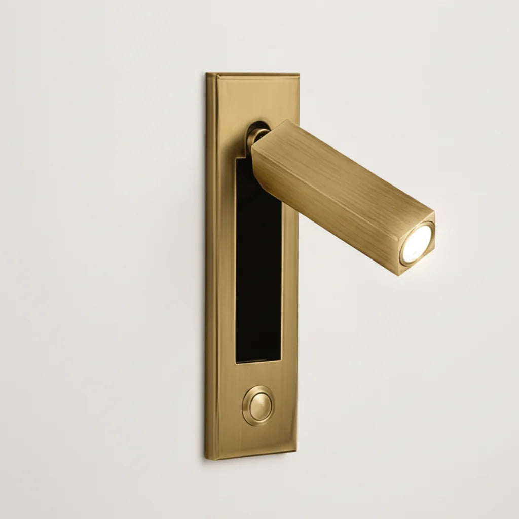 Espy LED reading wall light in square brass with the spotlight arm swung out