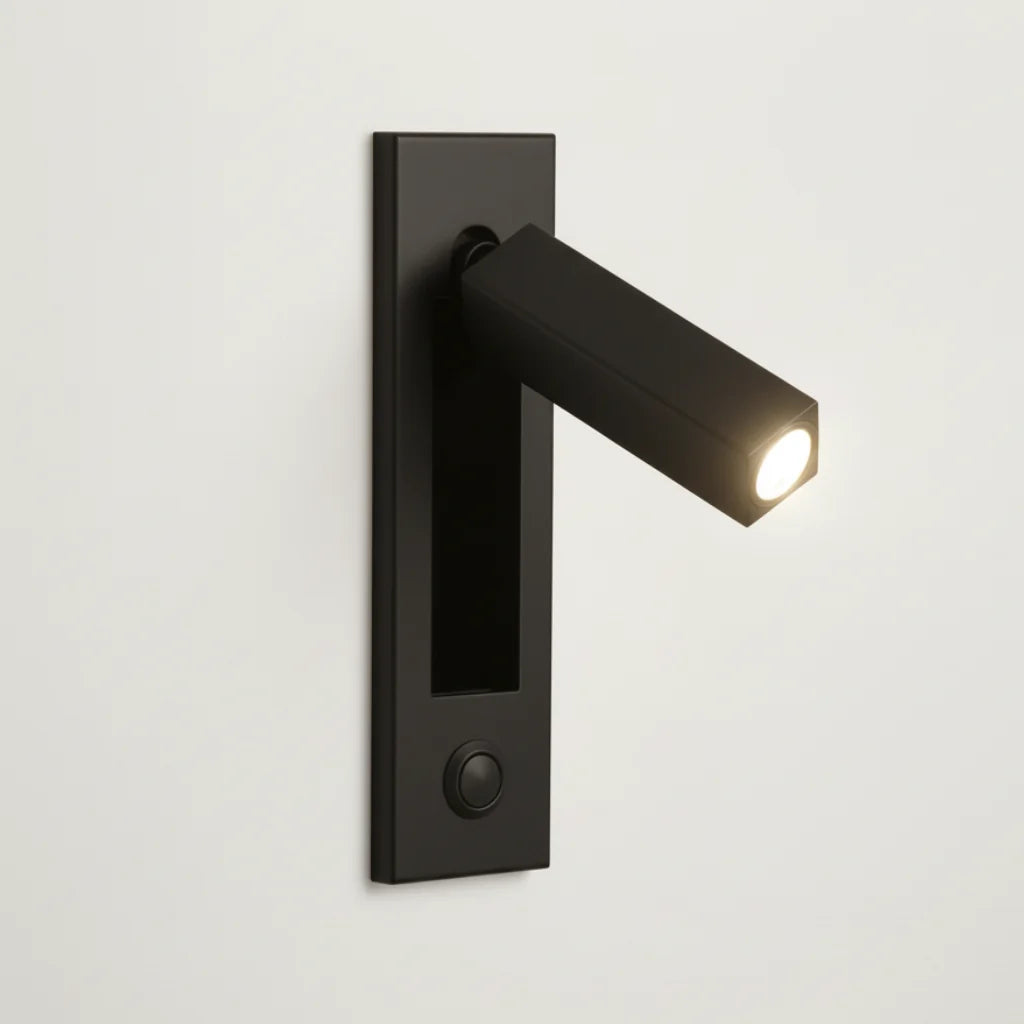 Espy LED reading wall light in square matte black with the spotlight arm swung out