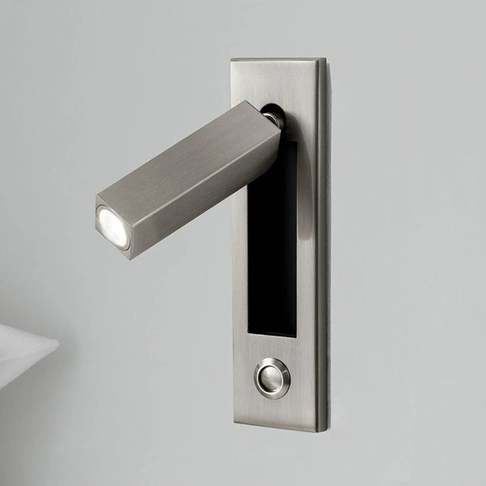Espy LED reading wall light in square nickel with the spotlight arm swung out