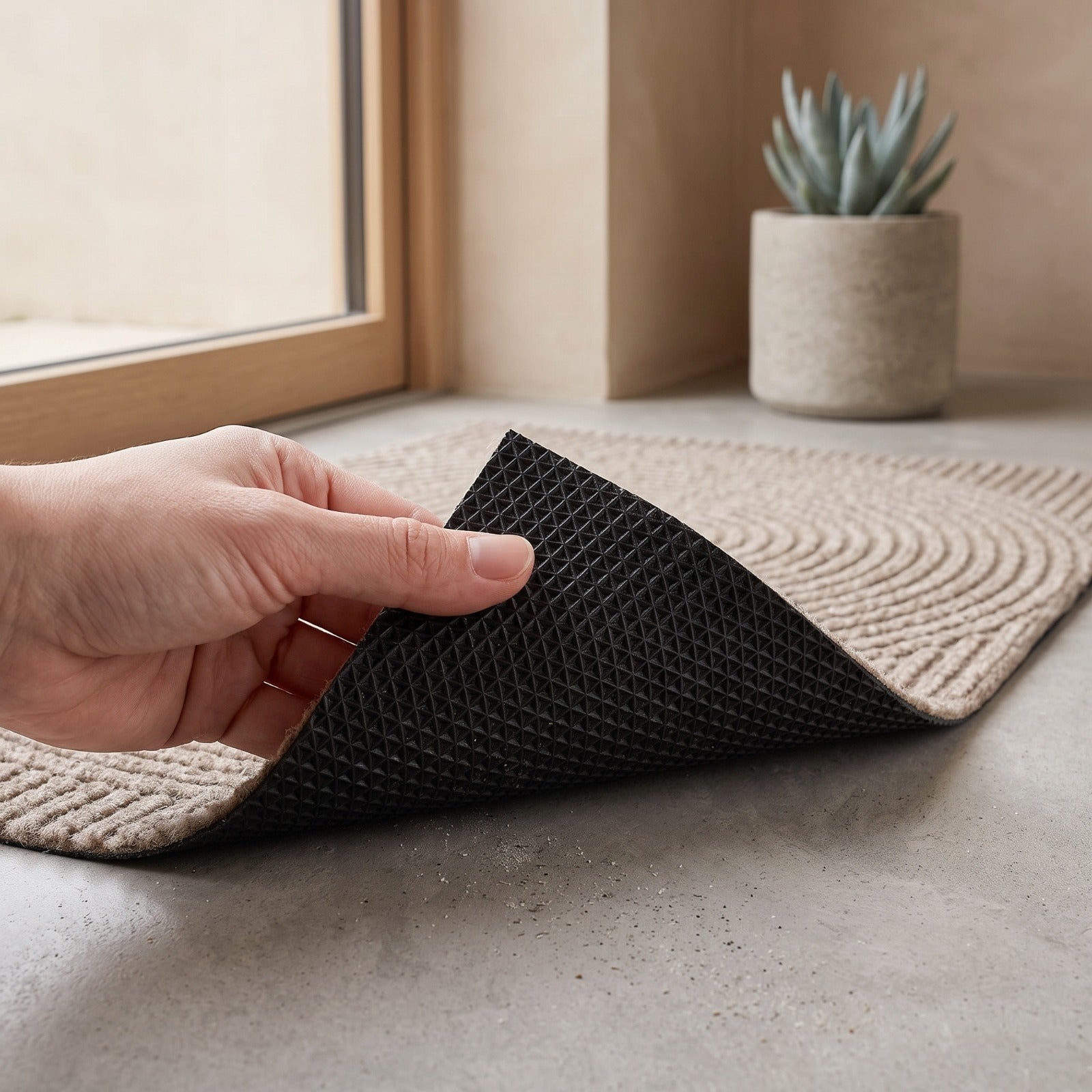 A hand lifts the corner of a woven doormat to show its black textured underside, set on a concrete floor near a window with a small potted succulent in the background.