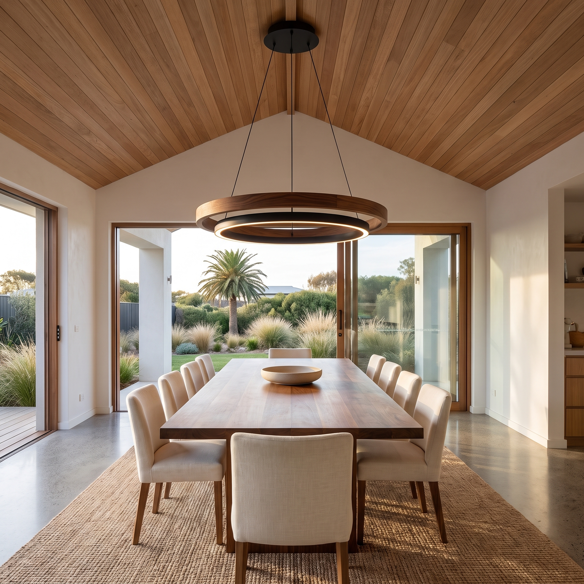 Large Fesha double-ring pendant over a long walnut dining table under a raked timber ceiling