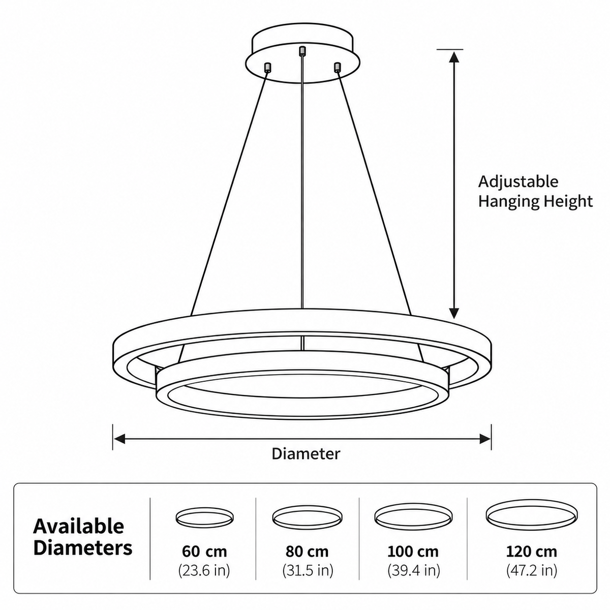 Fesha pendant diameters 60, 80, 100 and 120cm (23.6 to 47.2in) with adjustable hanging height