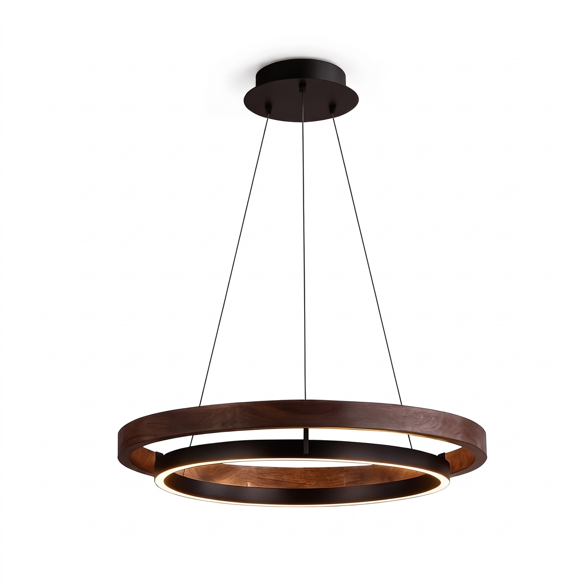 Fesha walnut and black double-ring LED pendant with round canopy on a plain white background