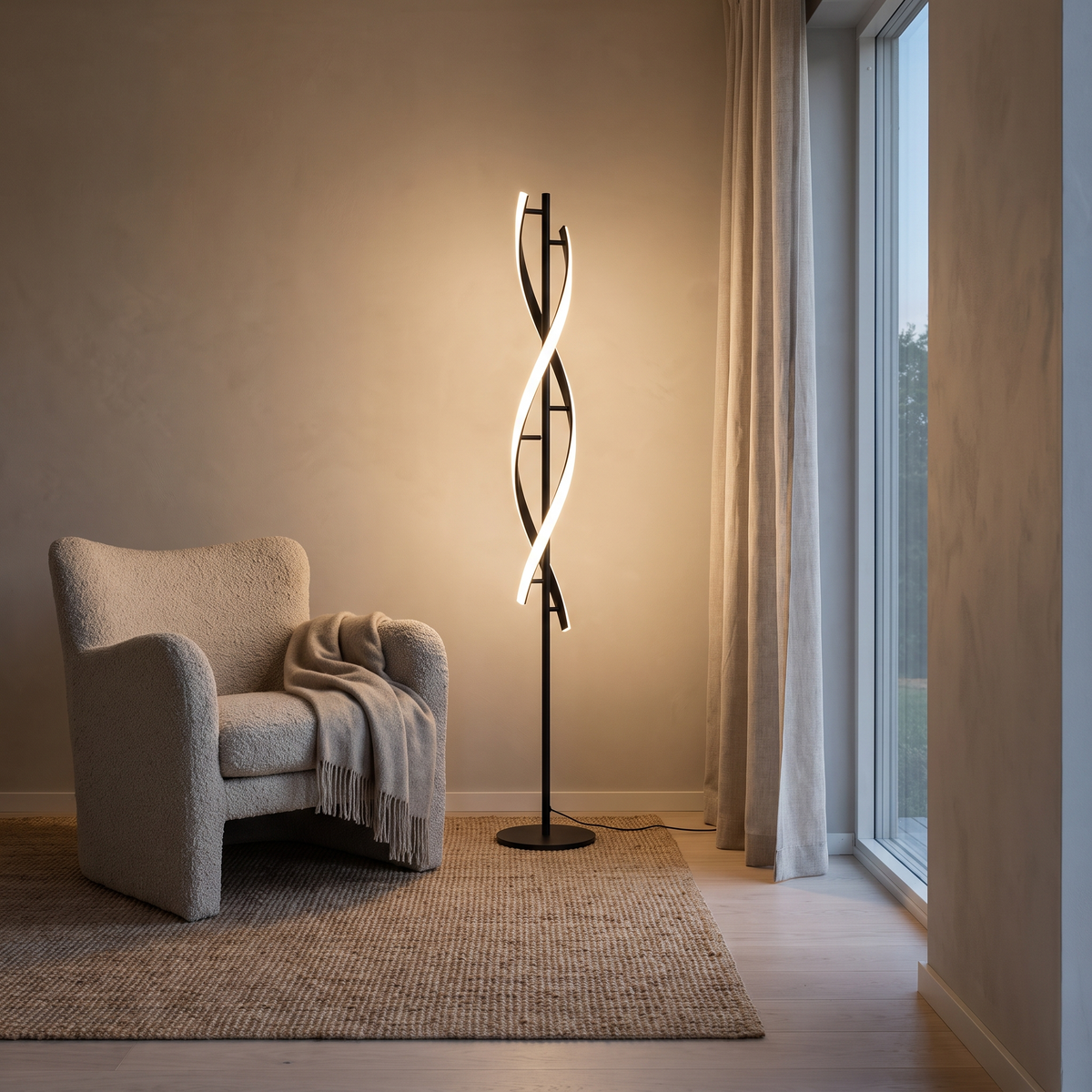 Fifi Modern Floor Lamp beside a boucle armchair in a reading corner