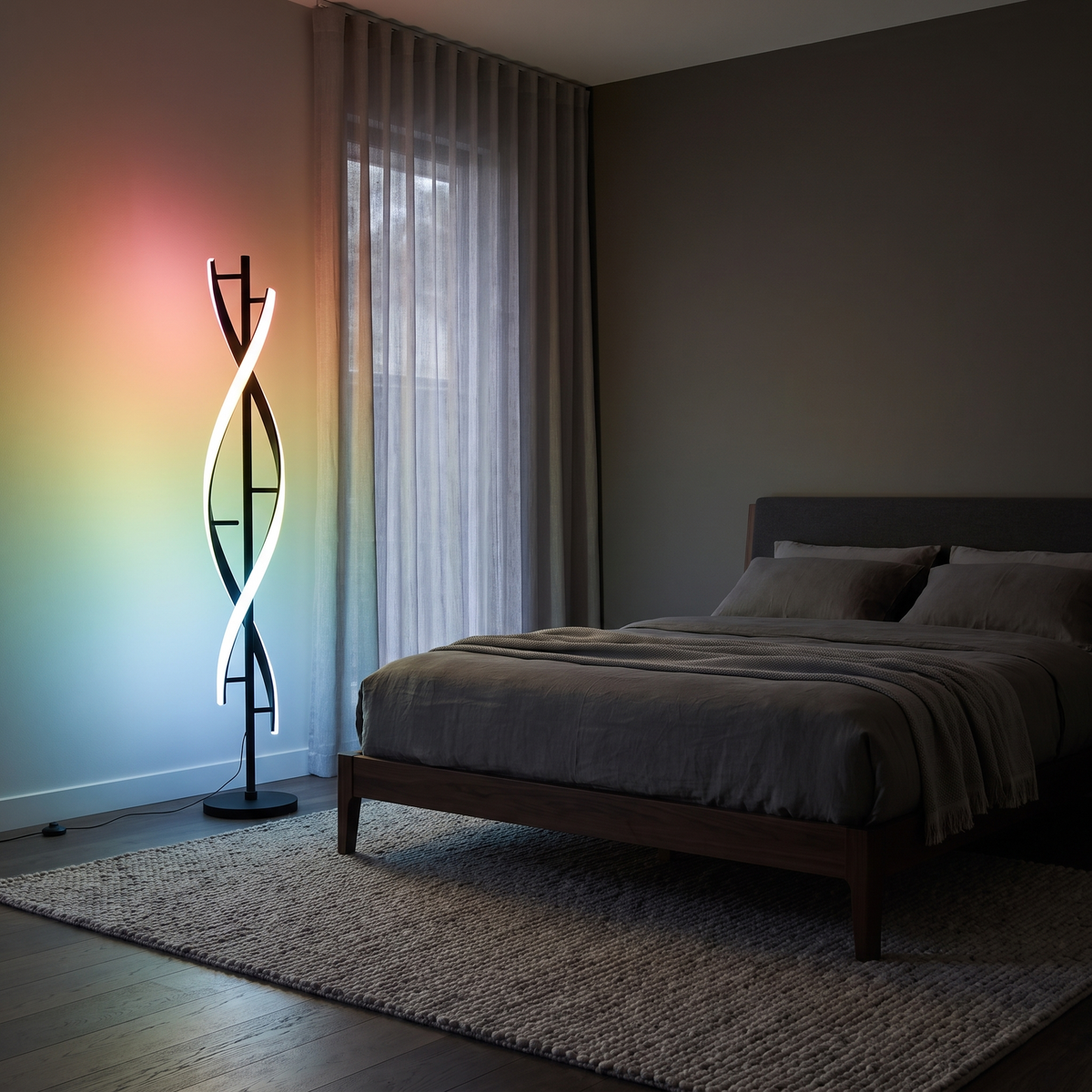 Fifi Modern Floor Lamp lighting a bedroom corner with RGB colour at night