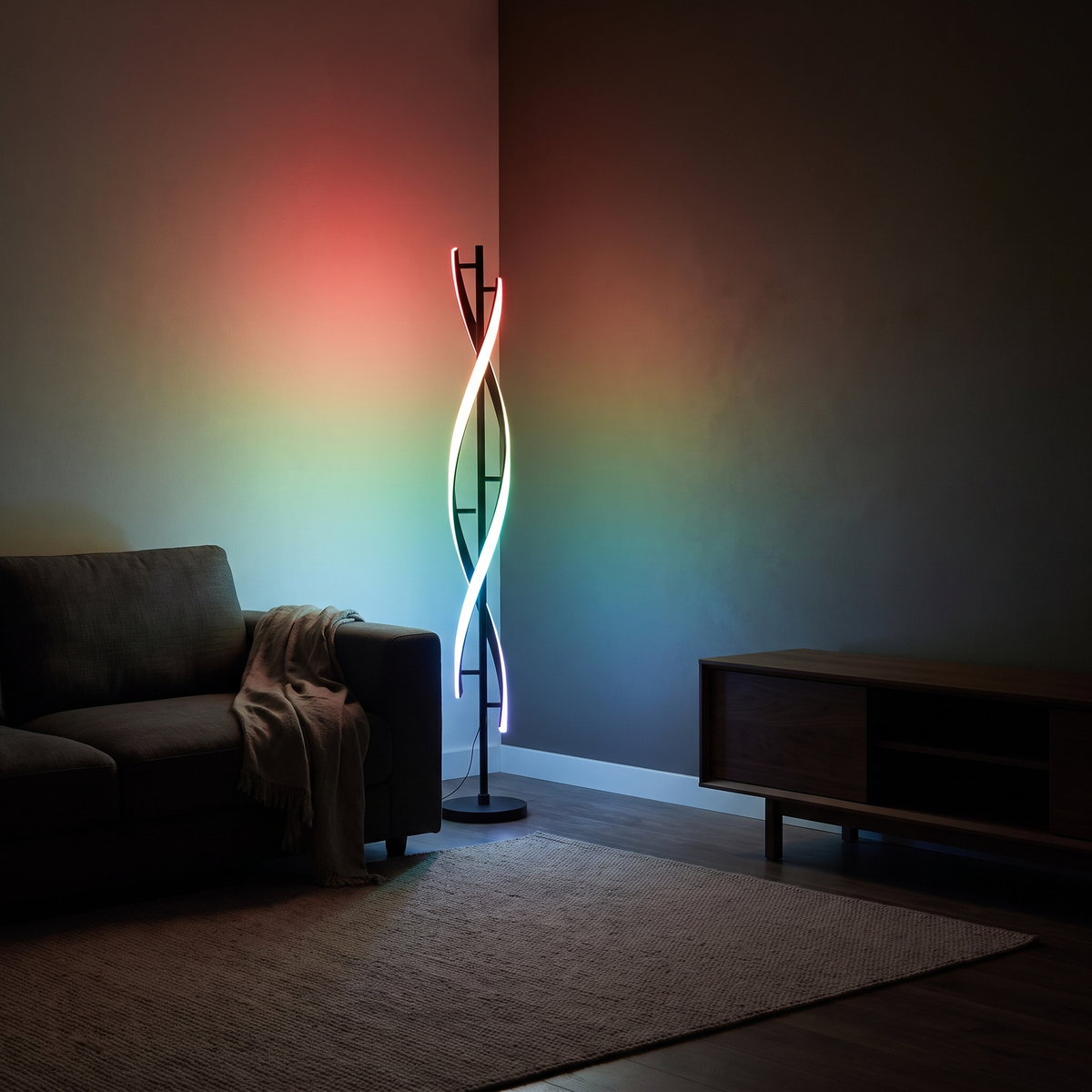 Fifi Modern Floor Lamp casting an RGB colour wash in a living room at night