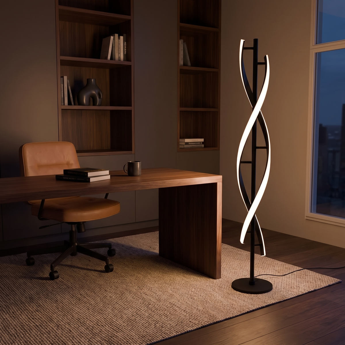 Fifi Modern Floor Lamp beside a walnut desk in a home study