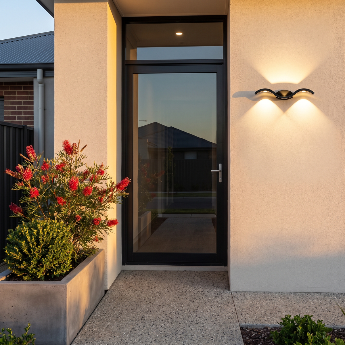 Fly Modern Outdoor Wall Light in black beside a glass entry door with grevillea at golden hour