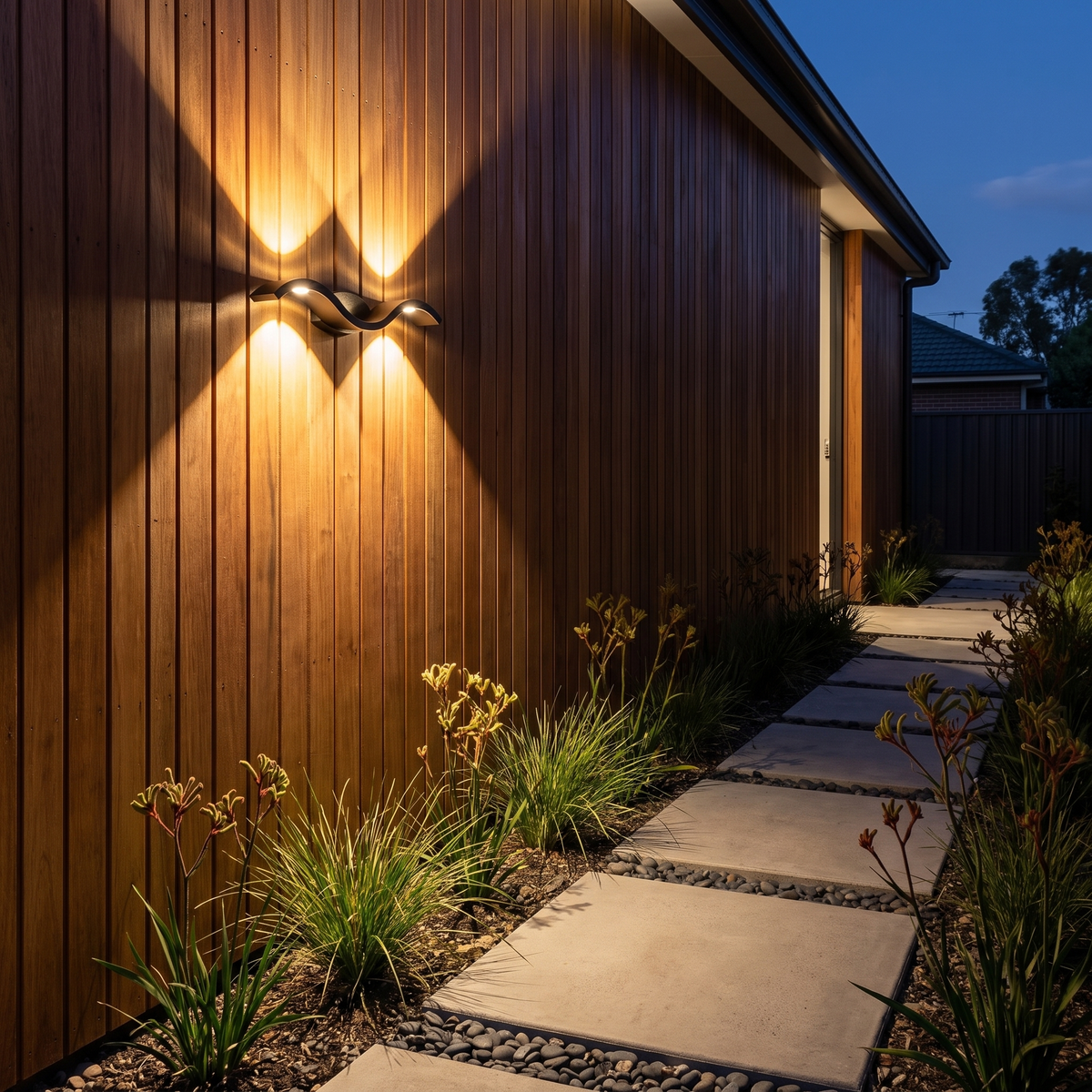 Fly Modern Outdoor Wall Light in black glowing on a spotted gum side path with stepping pavers at night