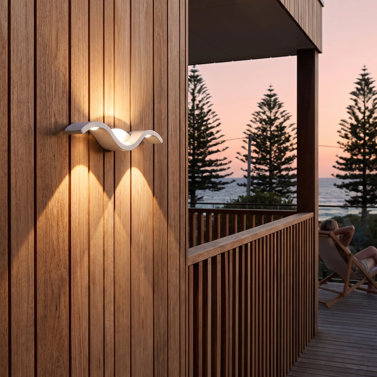 Fly Modern Outdoor Wall Light in white on a beach house balcony with Norfolk pines and ocean at dusk
