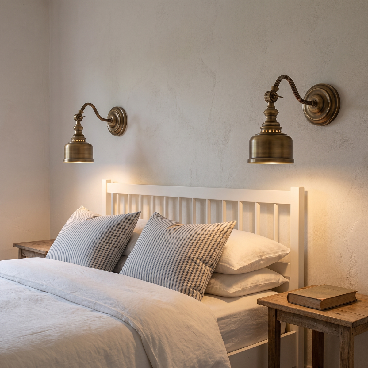 Foster swan neck brass wall sconces as bedside reading lights over a white timber bed