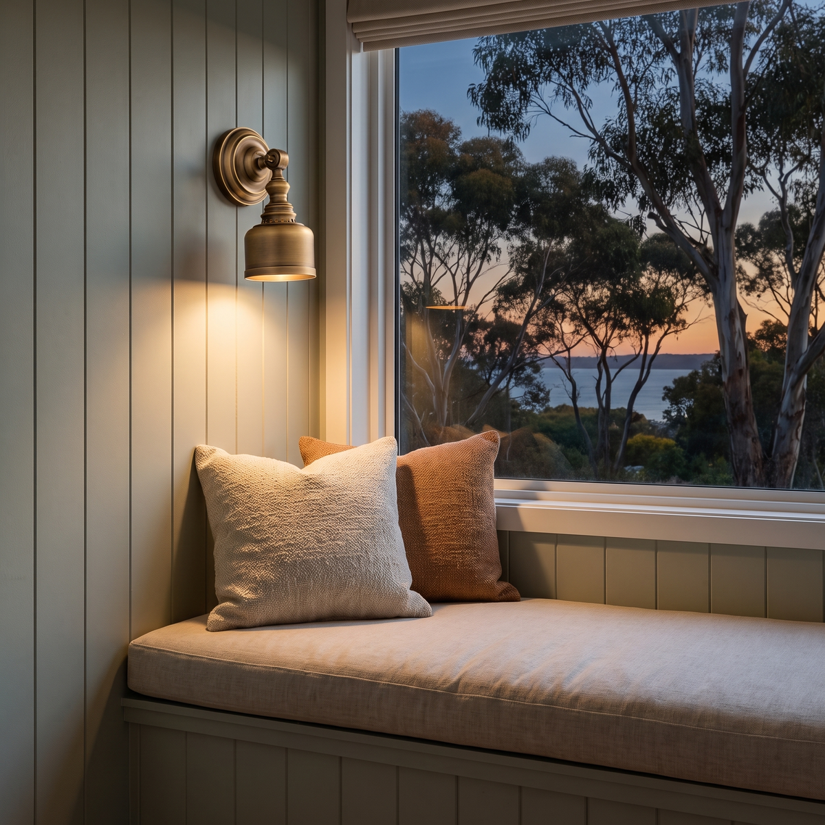 Foster antique brass wall sconce lighting a window seat reading nook at dusk