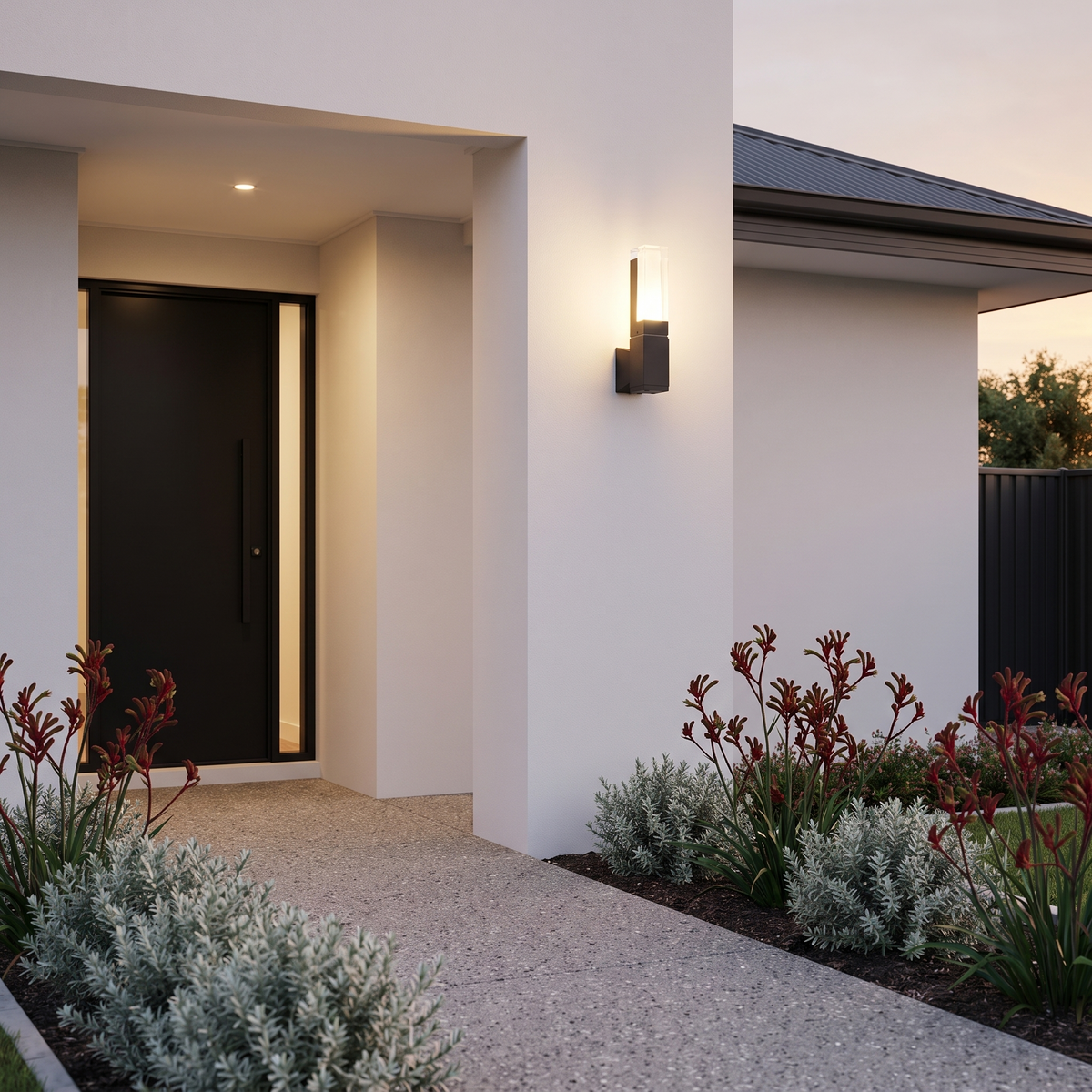 Freo Outdoor Wall Light, 7W, on a white rendered entry pillar by a black front door at dusk