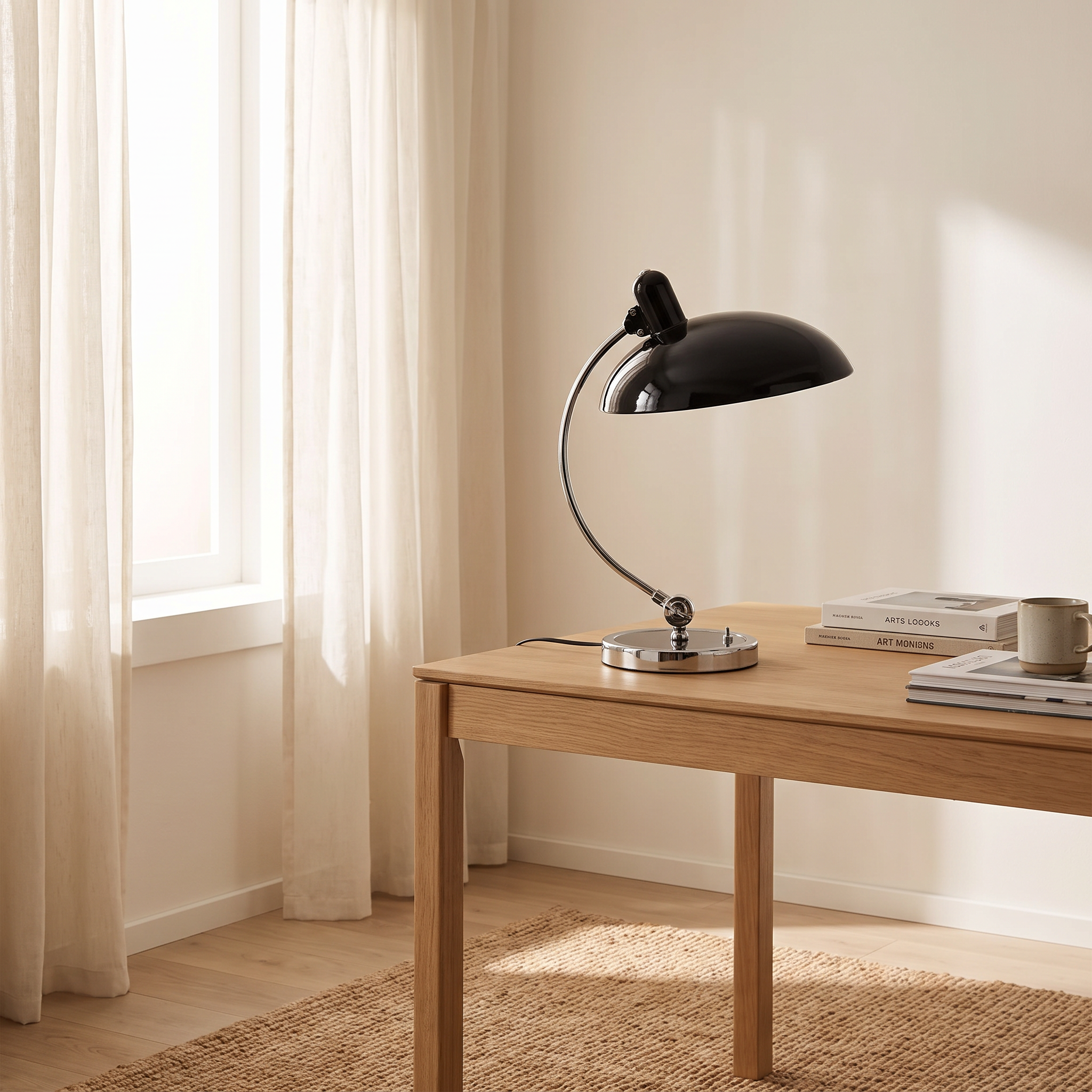 Freya Bauhaus desk lamp in black on a light oak desk in a calm coastal Scandinavian home office