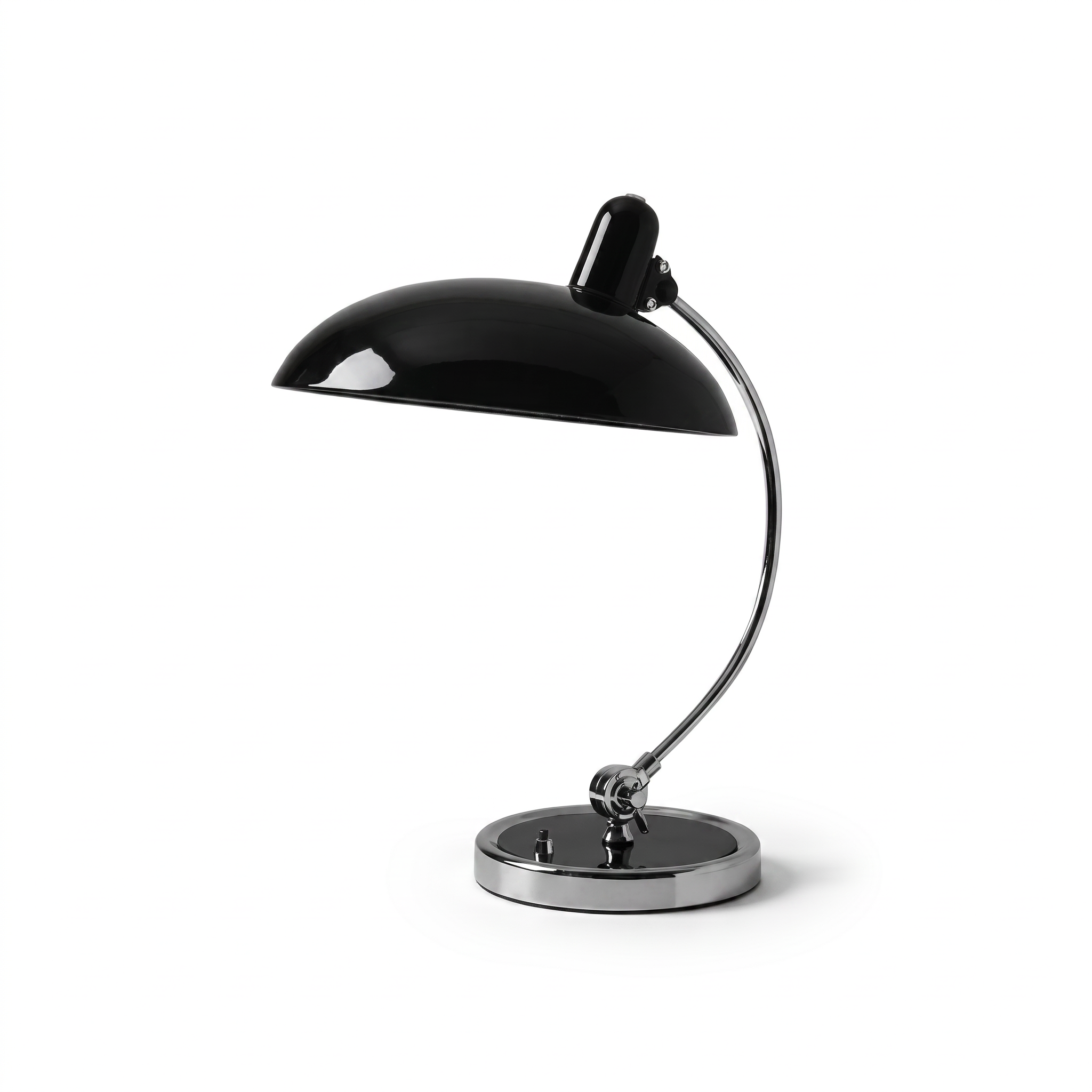 Freya adjustable Bauhaus desk lamp in black with a polished chrome arc on a plain white background