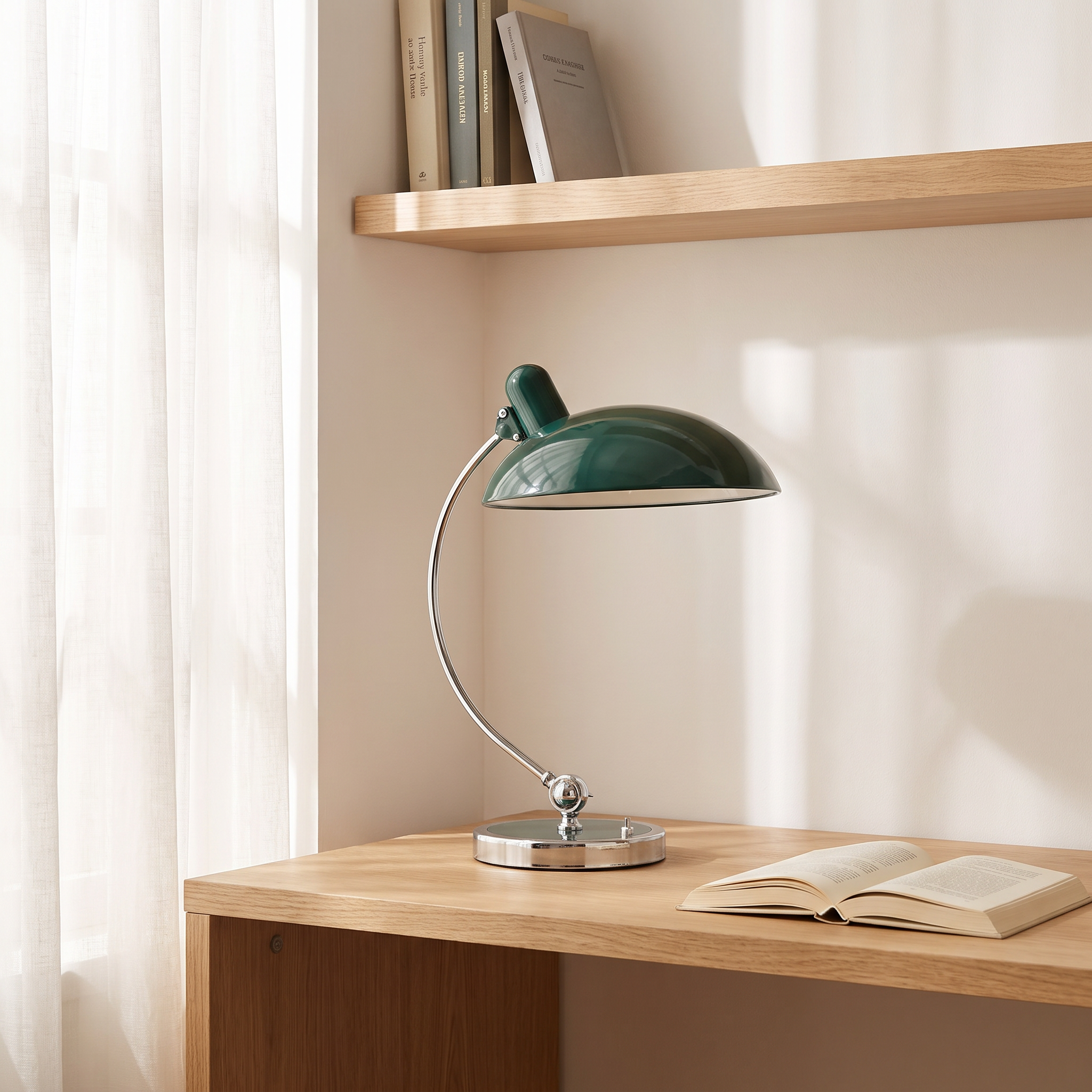 Freya Bauhaus desk lamp in green on a light oak desk in a bright Scandinavian home office