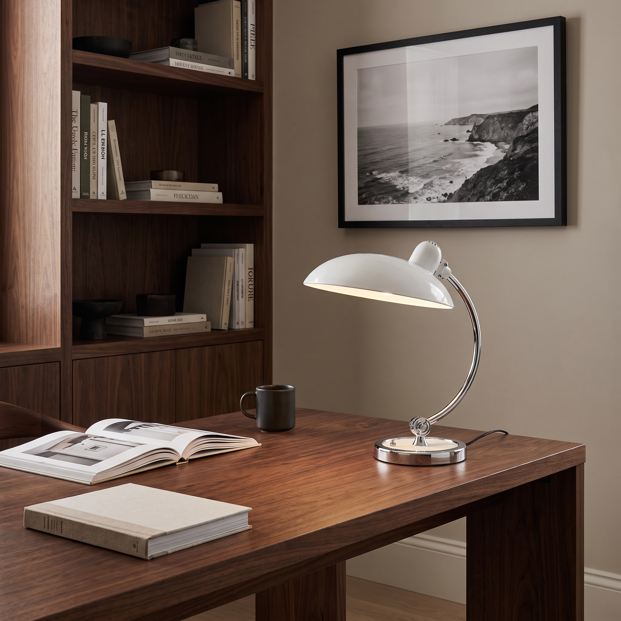 Freya Bauhaus desk lamp in white on a walnut desk in a sophisticated home office