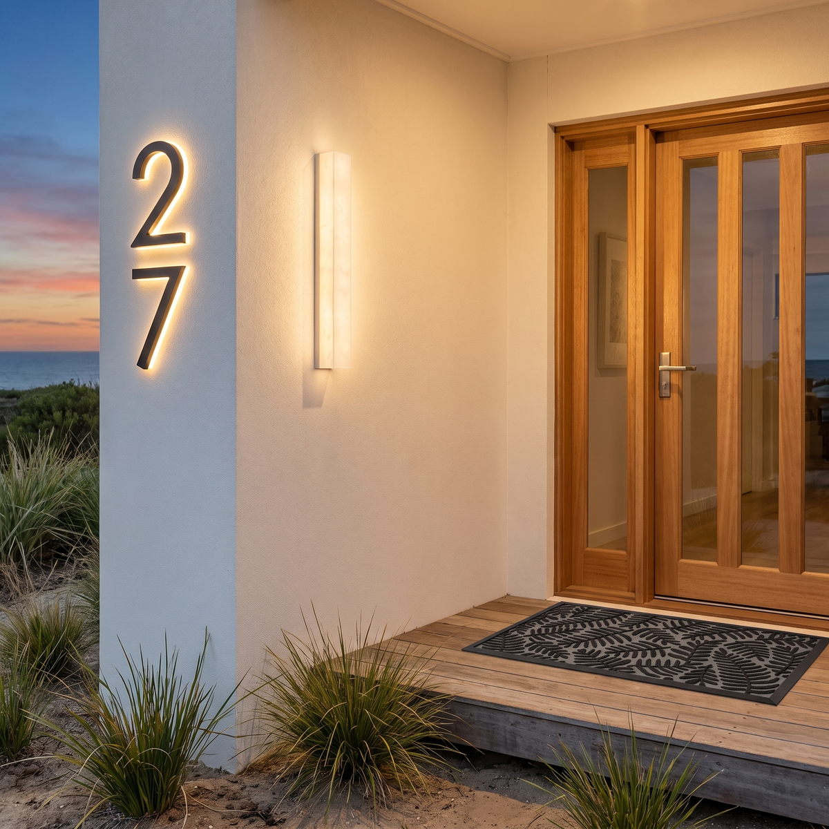 Pawa IP65 outdoor wall light beside a front door with illuminated solar house numbers and a Koori fern doormat at dusk