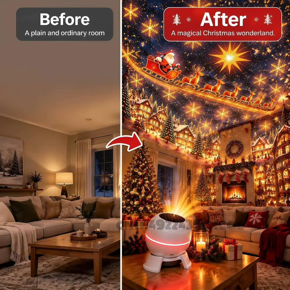 Before and after of a living room lit by the Frosty USB Christmas projector night light