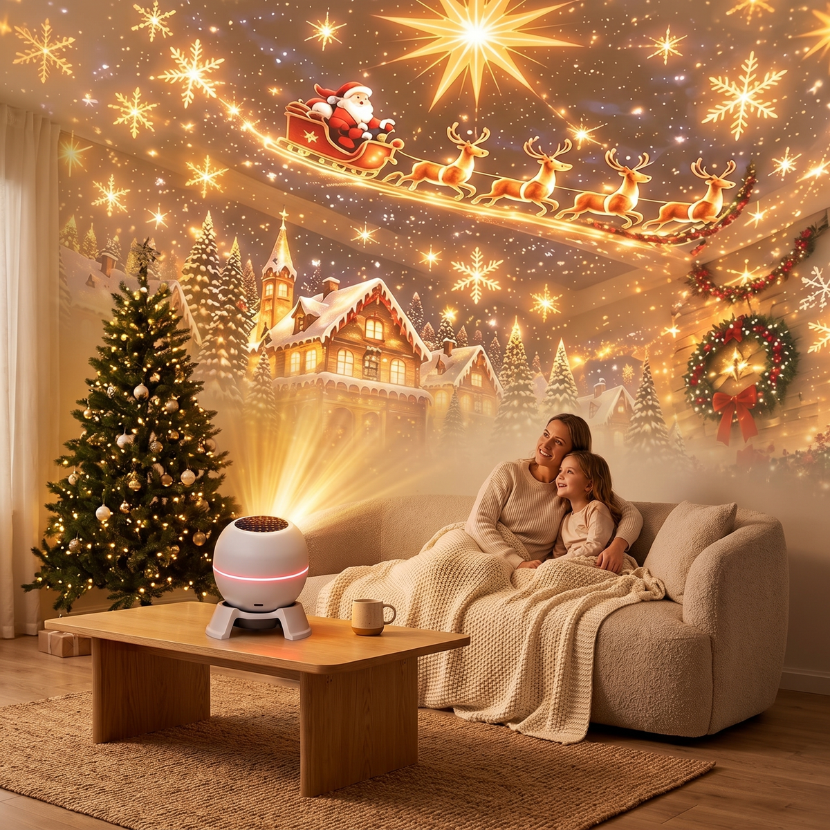 Frosty Christmas projector night light on a coffee table in a Scandinavian living room