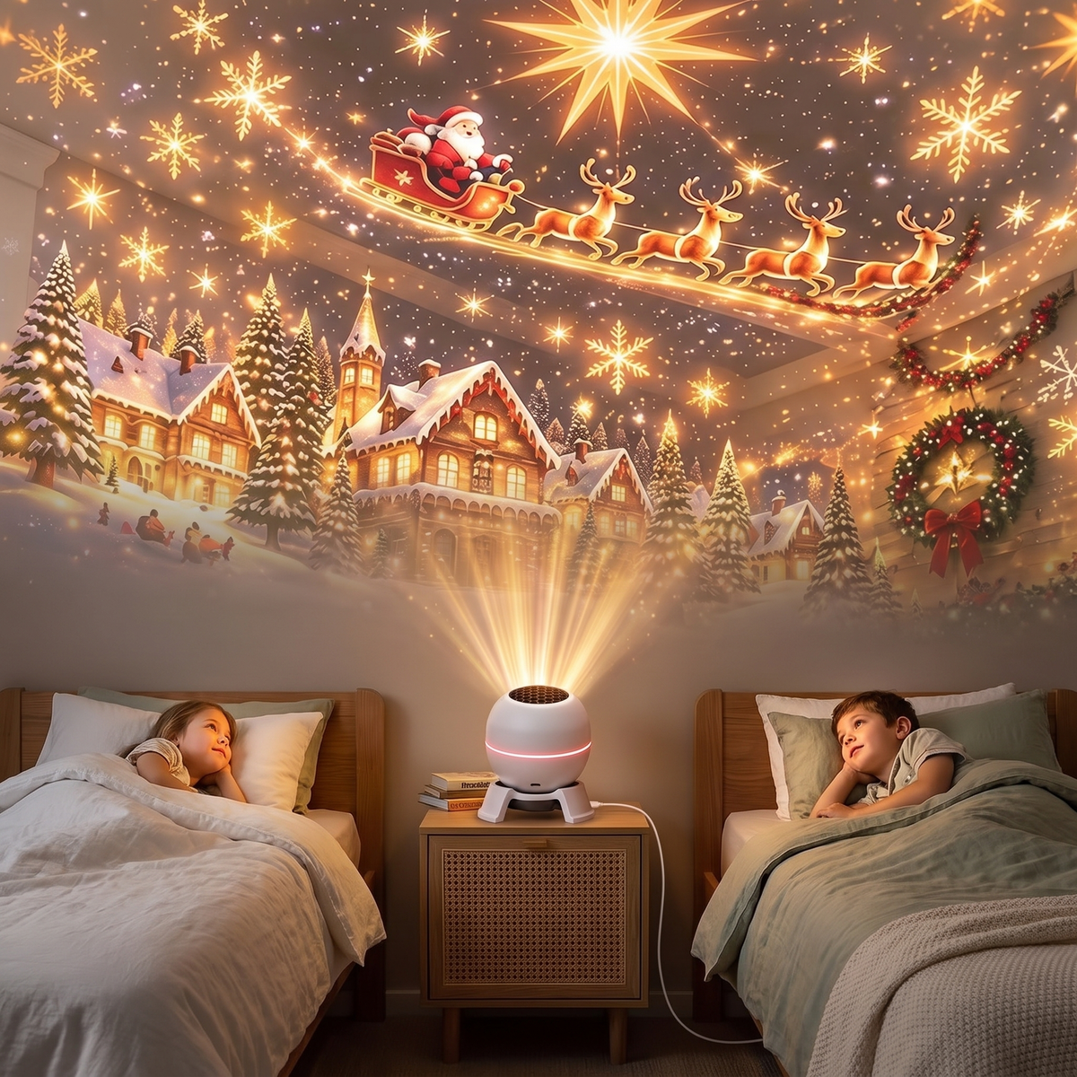 Frosty USB Christmas projector night light projecting onto a kids bedroom ceiling