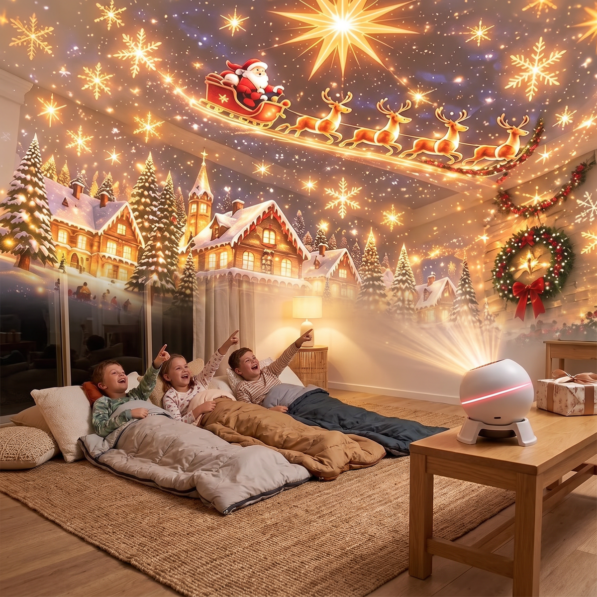 Kids at a Christmas Eve sleepover under the Frosty projector night light
