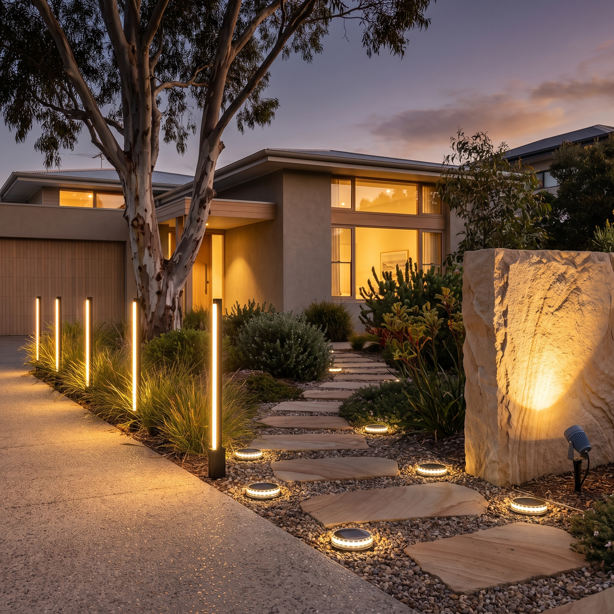 Sienna bollards along a driveway with Stitch solar discs and a Solara spotlight grazing a sandstone wall