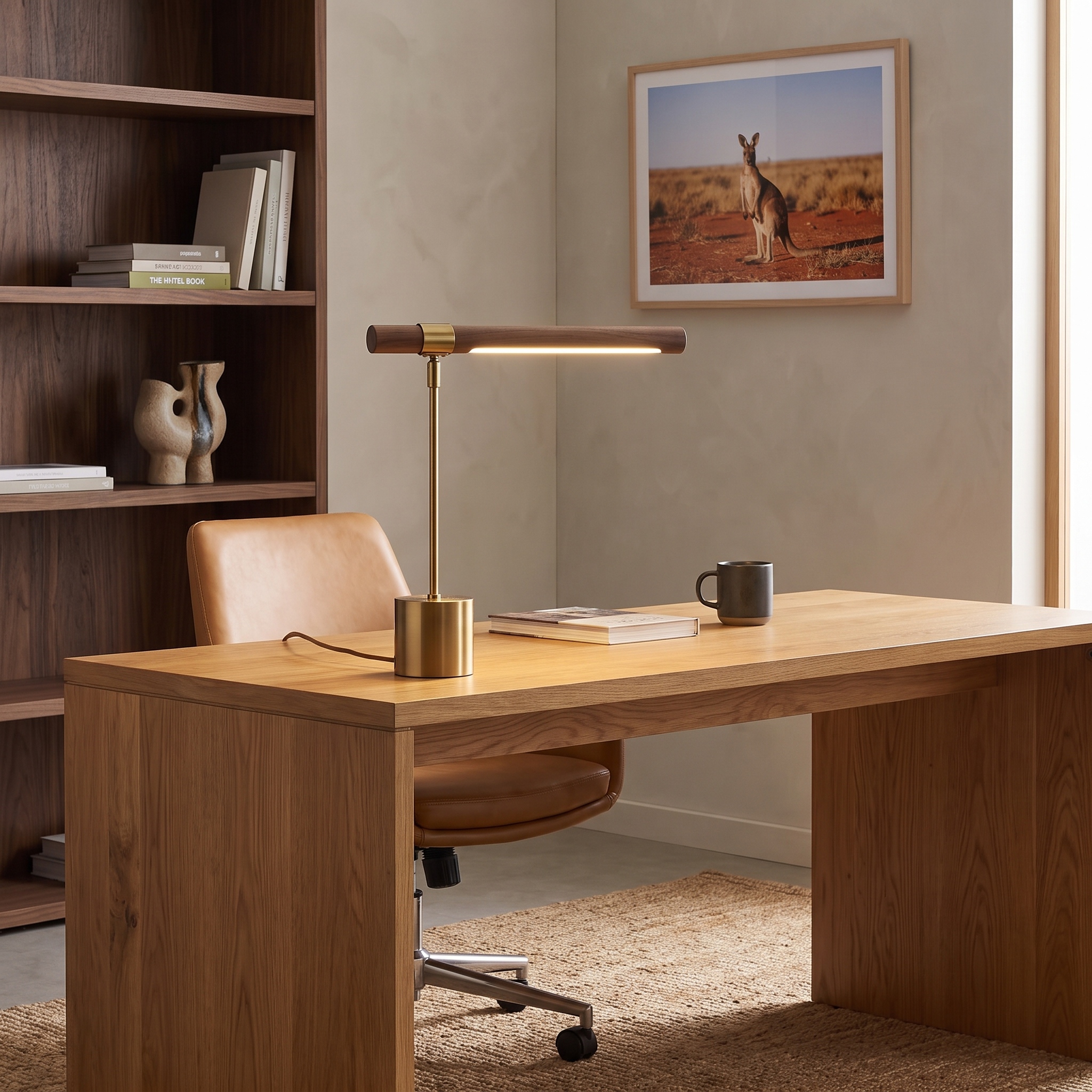 Geelong walnut and brass LED lamp on an oak desk in a home office